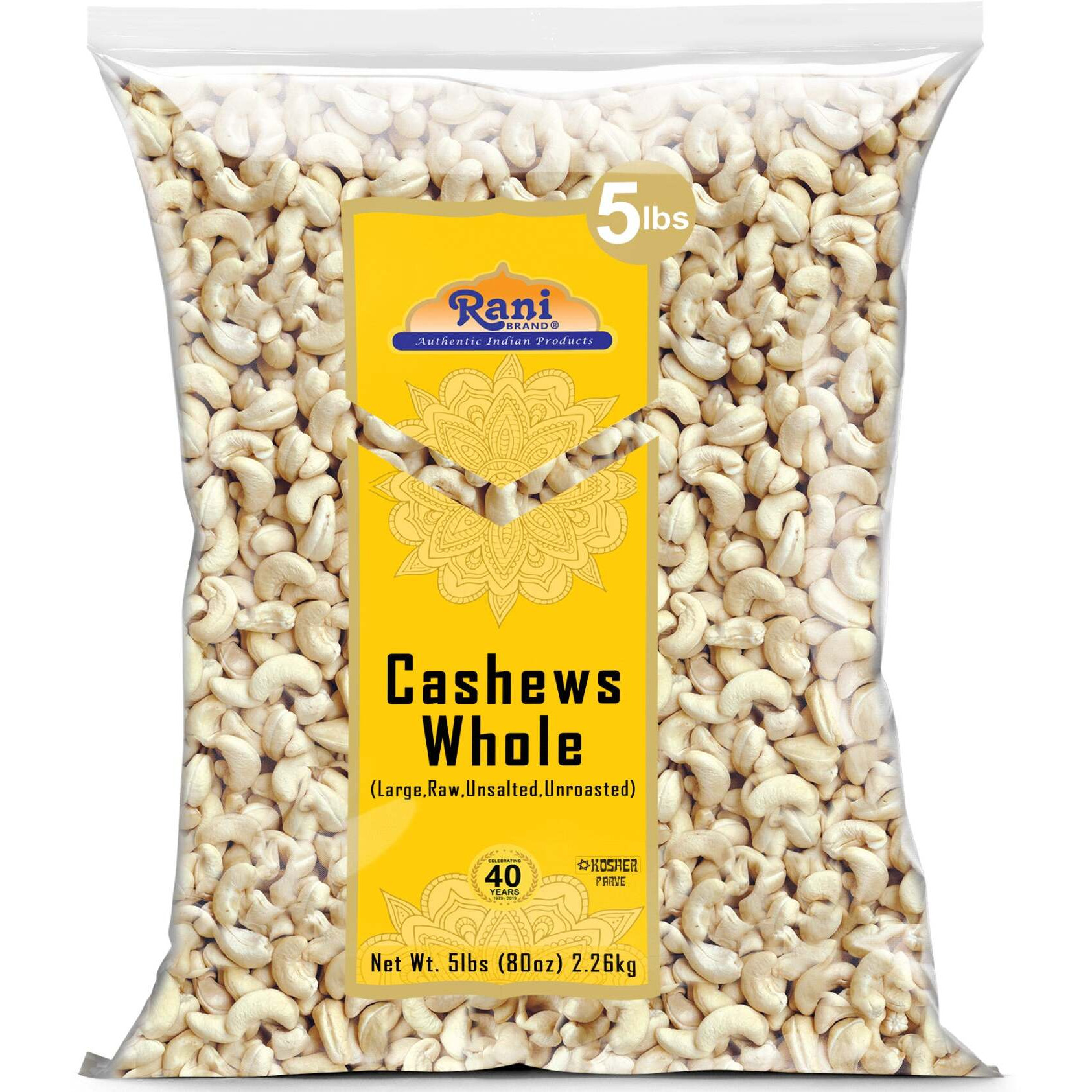 Rani Raw Cashews Whole (uncooked, unsalted) 80oz (5lbs) 2.27kg Bulk ~ All Natural, No Preservatives, Vegan, NON-GMO, Kosher, Gluten Friendly