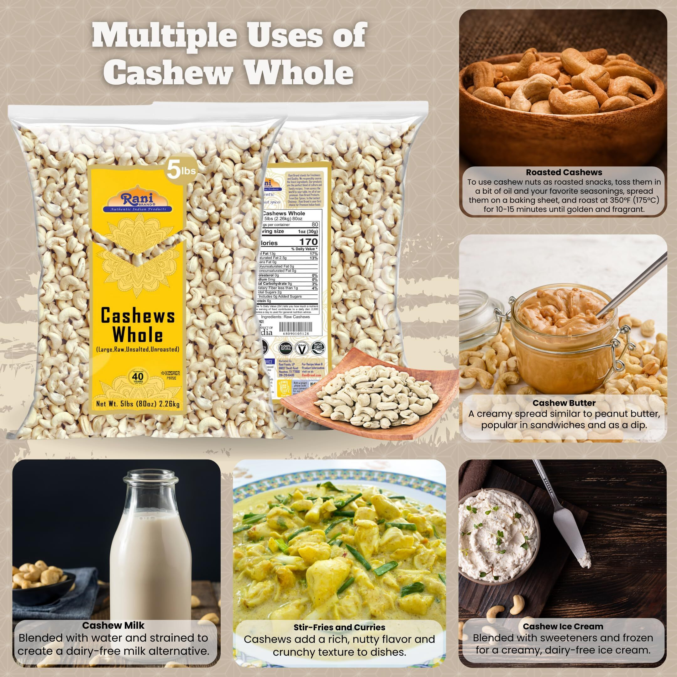 Rani Raw Cashews Whole (uncooked, unsalted) 80oz (5lbs) 2.27kg Bulk ~ All Natural, No Preservatives, Vegan, NON-GMO, Kosher, Gluten Friendly