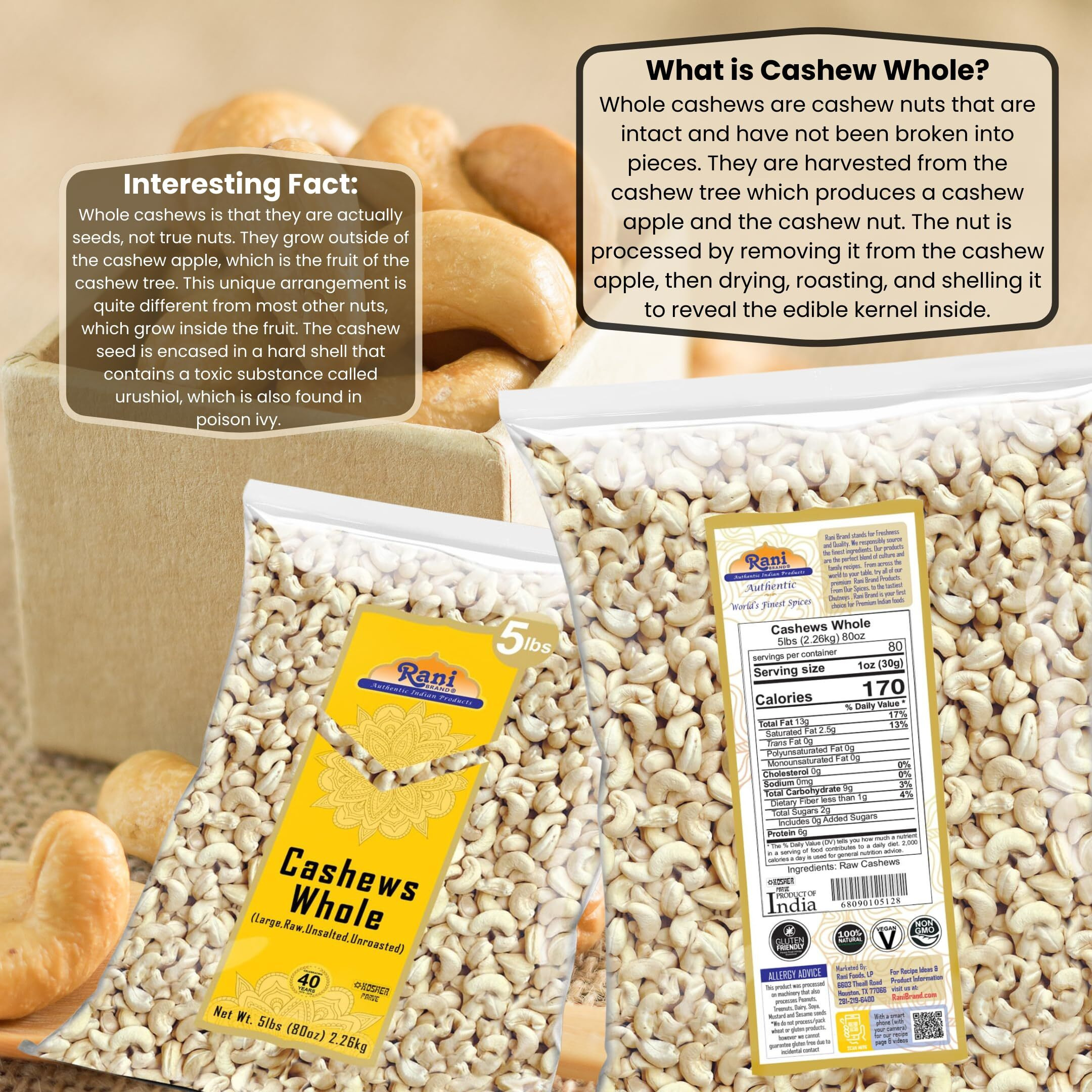 Rani Raw Cashews Whole (uncooked, unsalted) 80oz (5lbs) 2.27kg Bulk ~ All Natural, No Preservatives, Vegan, NON-GMO, Kosher, Gluten Friendly