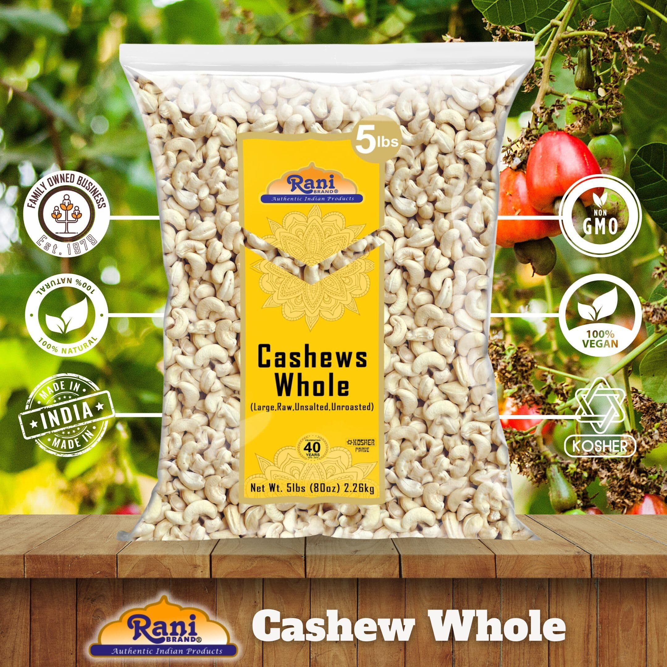 Rani Raw Cashews Whole (uncooked, unsalted) 80oz (5lbs) 2.27kg Bulk ~ All Natural, No Preservatives, Vegan, NON-GMO, Kosher, Gluten Friendly