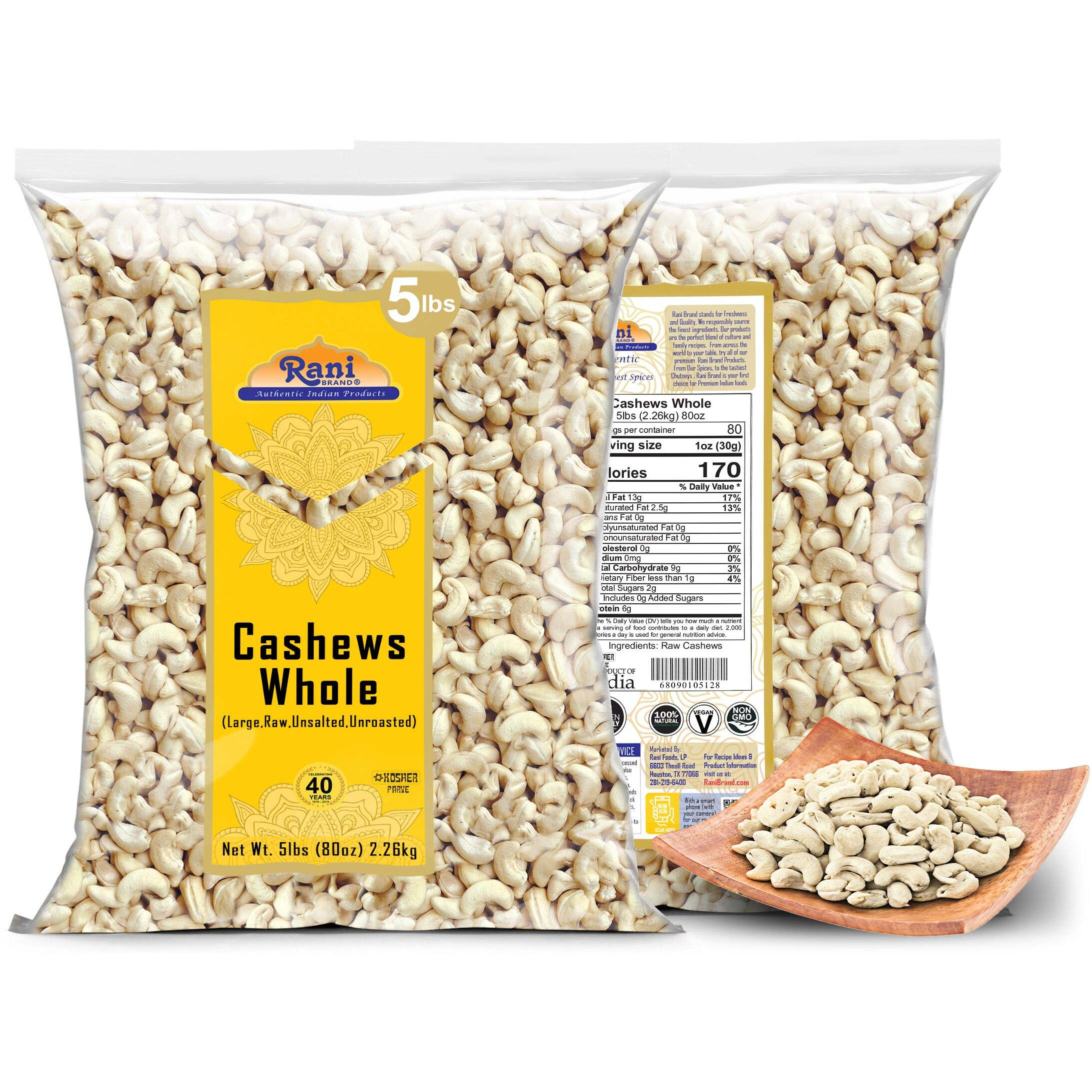 Rani Raw Cashews Whole (uncooked, unsalted) 80oz (5lbs) 2.27kg Bulk ~ All Natural, No Preservatives, Vegan, NON-GMO, Kosher, Gluten Friendly