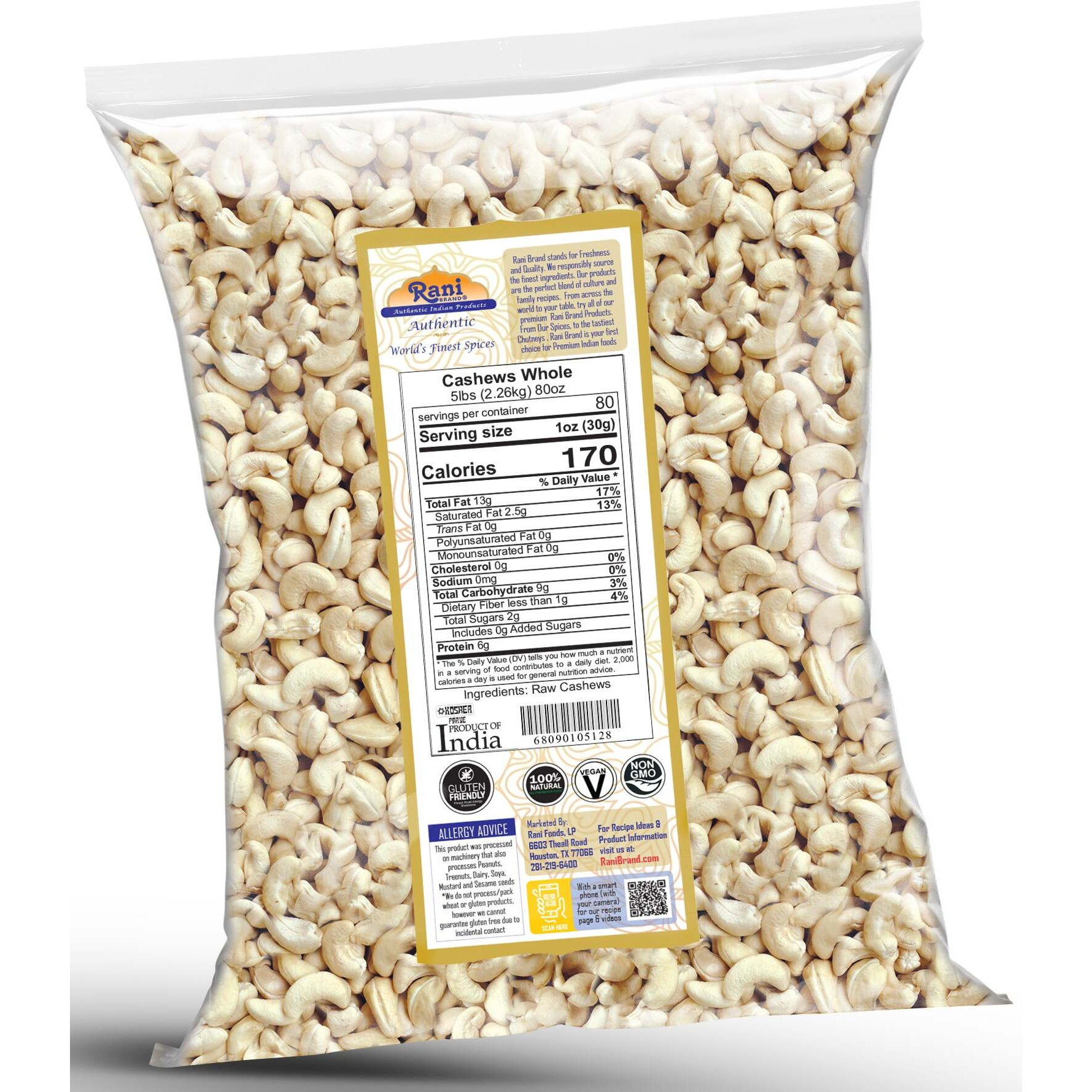 Rani Raw Cashews Whole (uncooked, unsalted) 80oz (5lbs) 2.27kg Bulk ~ All Natural, No Preservatives, Vegan, NON-GMO, Kosher, Gluten Friendly