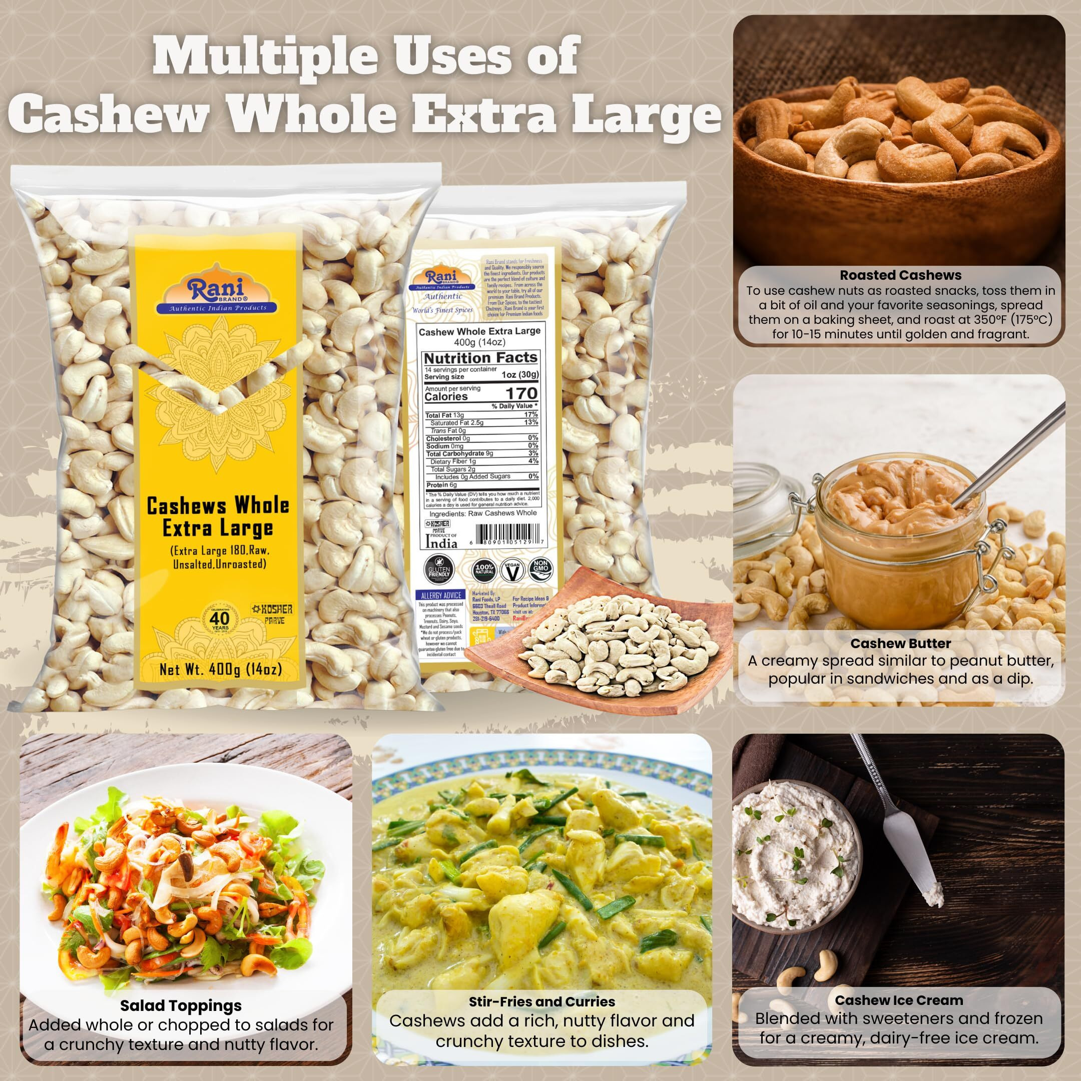 Rani Raw Cashews Whole W180 Extra Large (uncooked, unsalted) 14oz (400g) ~ All Natural, No Preservatives, Vegan, NON-GMO, Kosher, Gluten Friendly