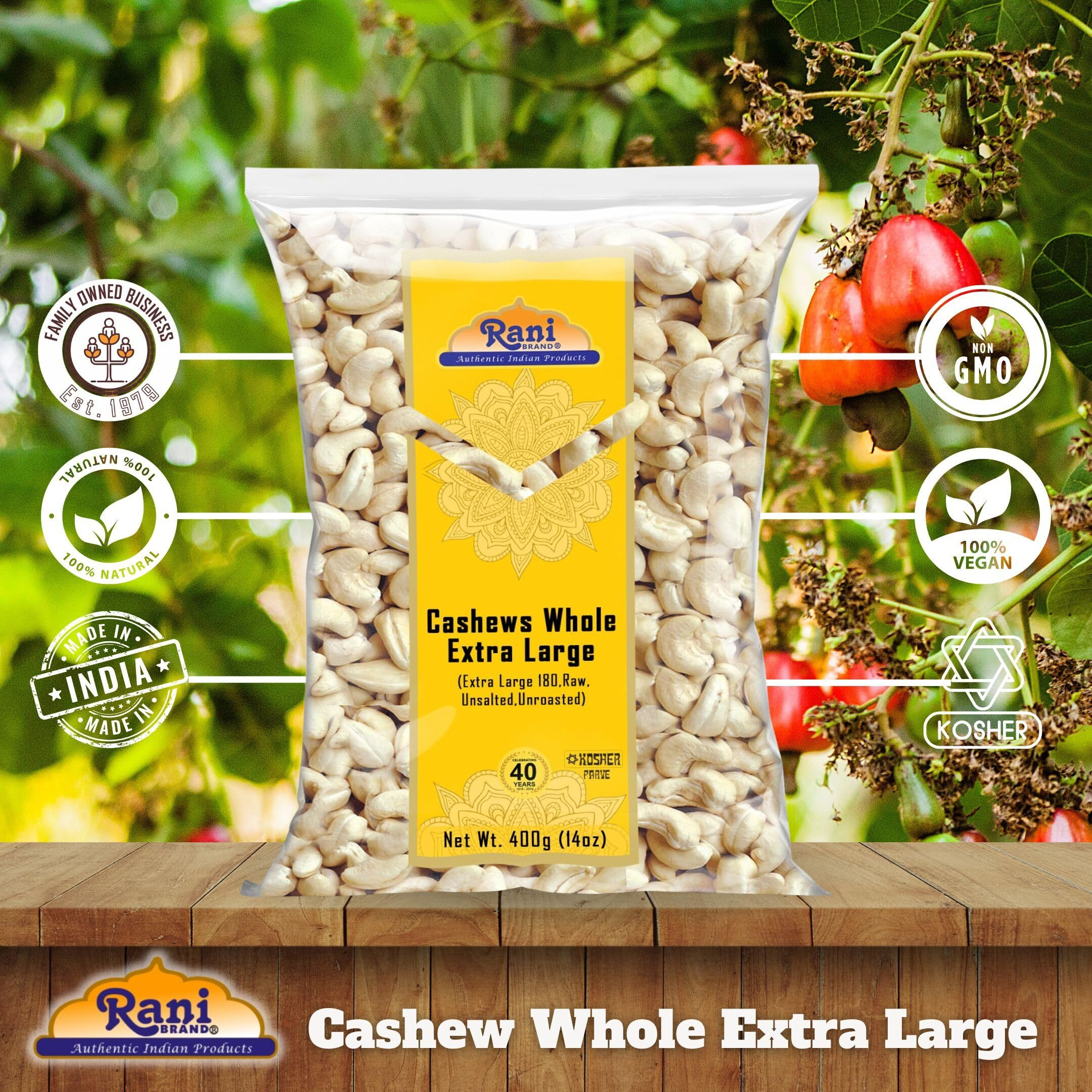 Rani Raw Cashews Whole W180 Extra Large (uncooked, unsalted) 14oz (400g) ~ All Natural, No Preservatives, Vegan, NON-GMO, Kosher, Gluten Friendly