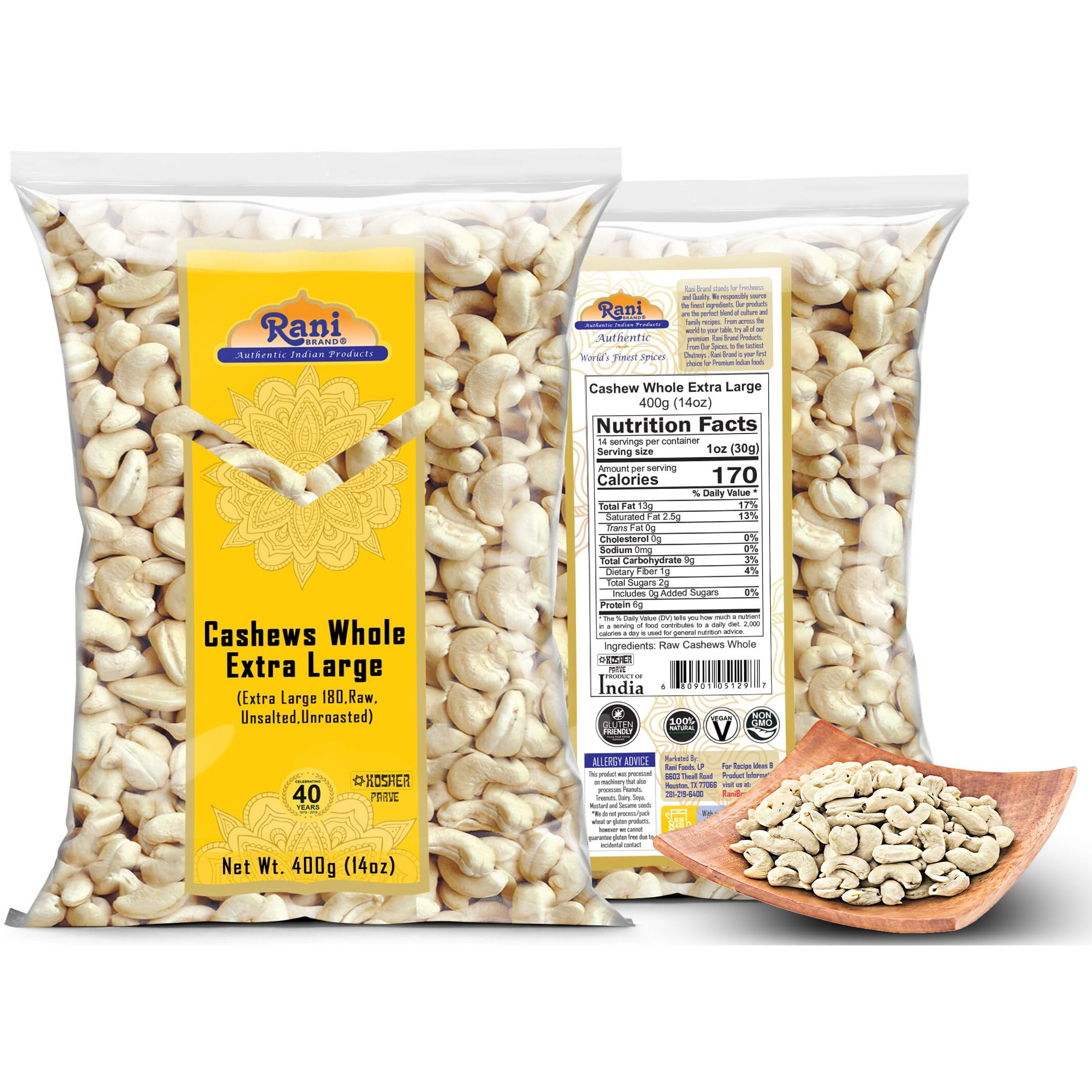 Rani Raw Cashews Whole W180 Extra Large (uncooked, unsalted) 14oz (400g) ~ All Natural, No Preservatives, Vegan, NON-GMO, Kosher, Gluten Friendly