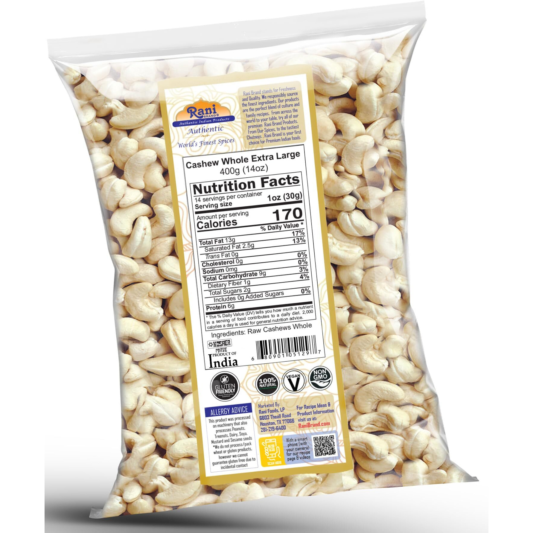 Rani Raw Cashews Whole W180 Extra Large (uncooked, unsalted) 14oz (400g) ~ All Natural, No Preservatives, Vegan, NON-GMO, Kosher, Gluten Friendly