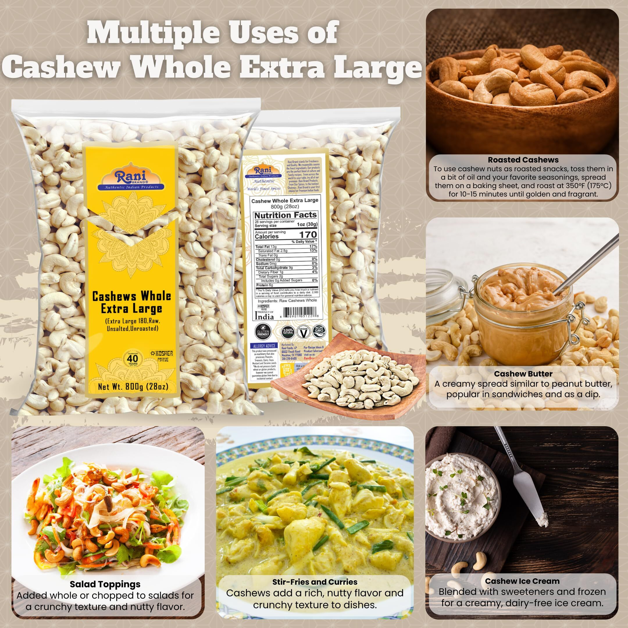 Rani Raw Cashews Whole W180 Extra Large (uncooked, unsalted) 28oz (800g) ~ All Natural, No Preservatives, Vegan, NON-GMO, Kosher, Gluten Friendly