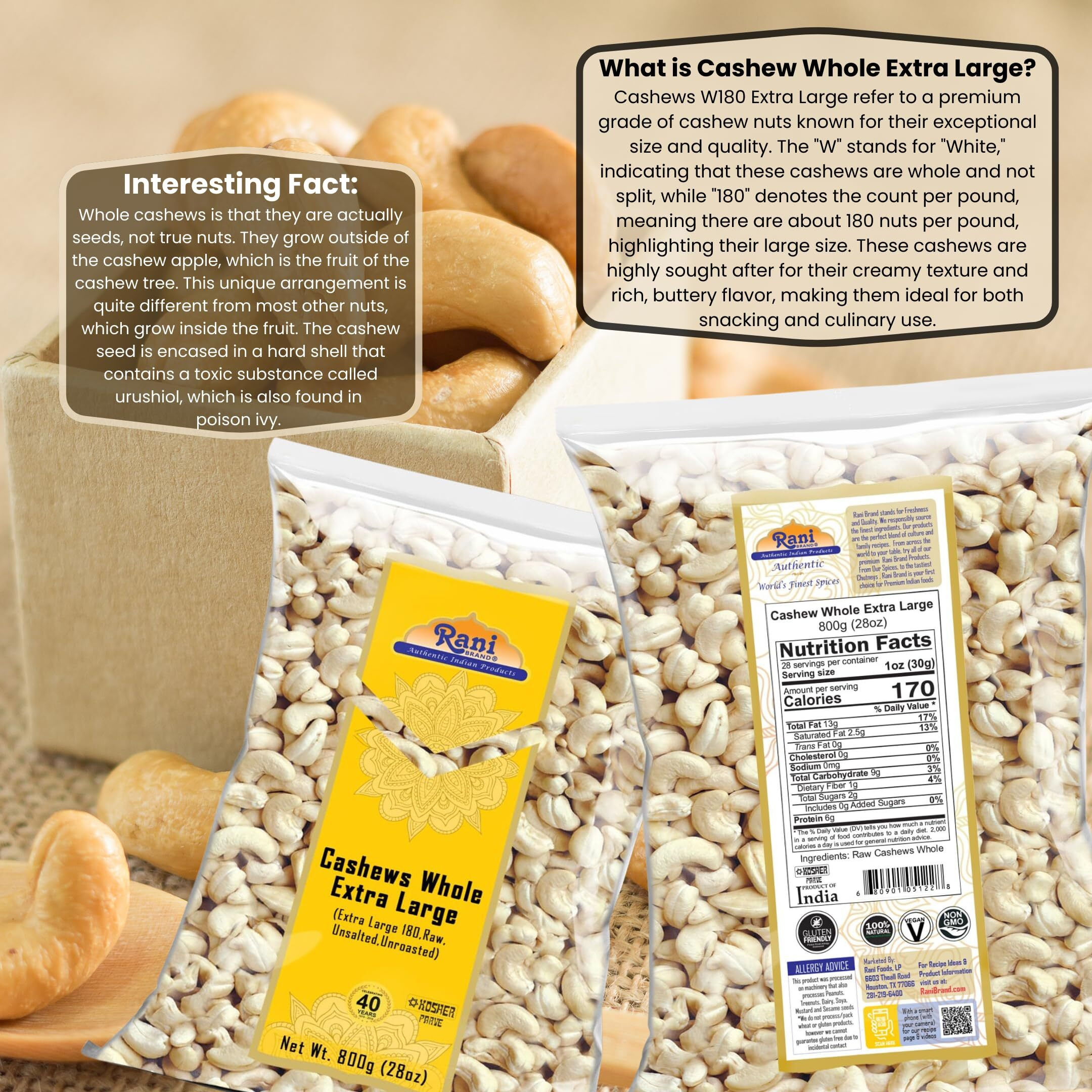 Rani Raw Cashews Whole W180 Extra Large (uncooked, unsalted) 28oz (800g) ~ All Natural, No Preservatives, Vegan, NON-GMO, Kosher, Gluten Friendly