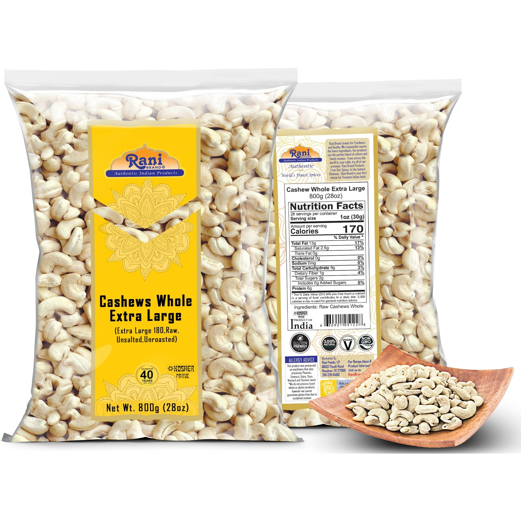 Rani Raw Cashews Whole W180 Extra Large (uncooked, unsalted) 28oz (800g) ~ All Natural, No Preservatives, Vegan, NON-GMO, Kosher, Gluten Friendly