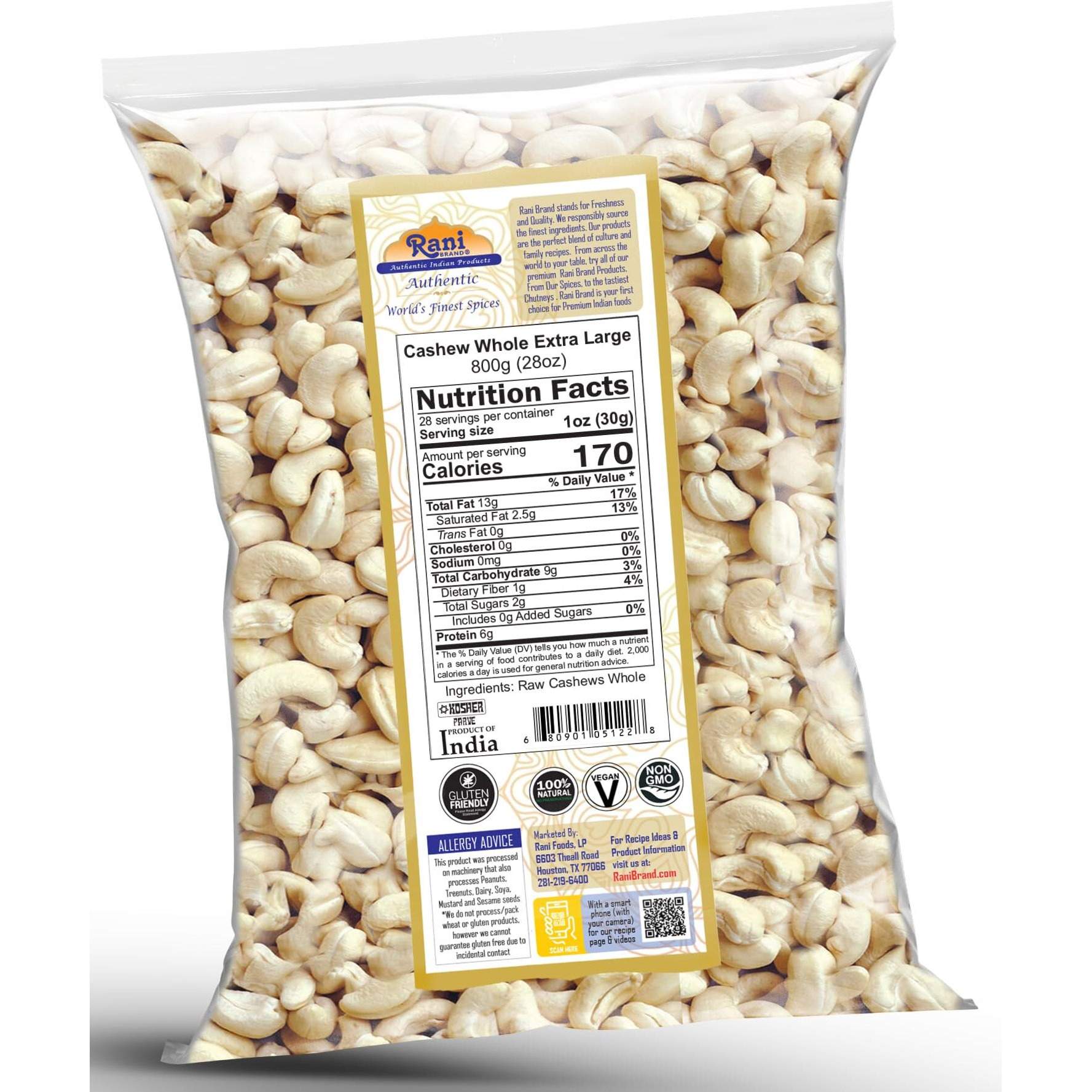 Rani Raw Cashews Whole W180 Extra Large (uncooked, unsalted) 28oz (800g) ~ All Natural, No Preservatives, Vegan, NON-GMO, Kosher, Gluten Friendly