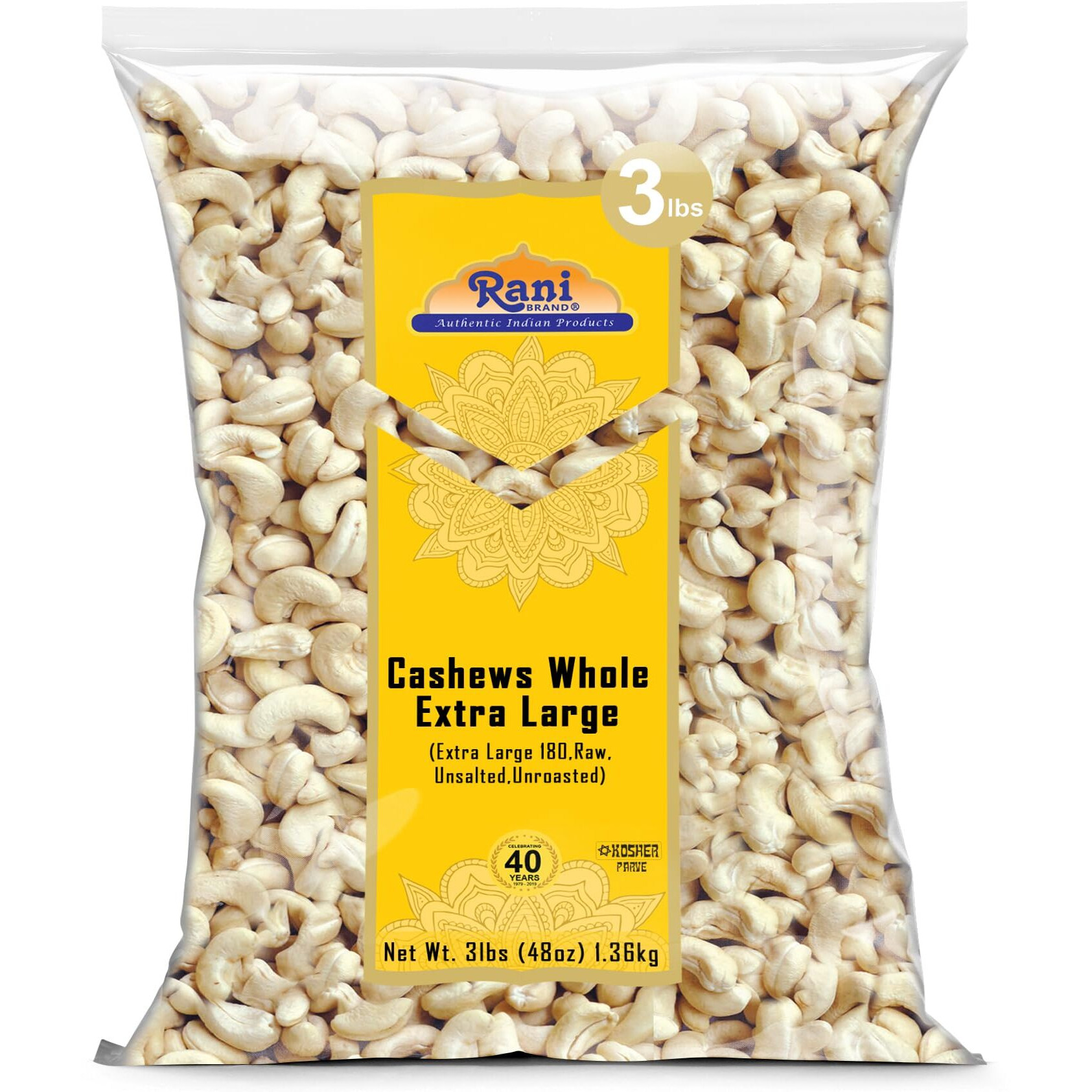 Rani Raw Cashews Whole W180 Extra Large (uncooked, unsalted) 48oz (3lbs) 1.36kg Bulk ~ All Natural, No Preservatives, Vegan, NON-GMO, Kosher, Gluten Friendly