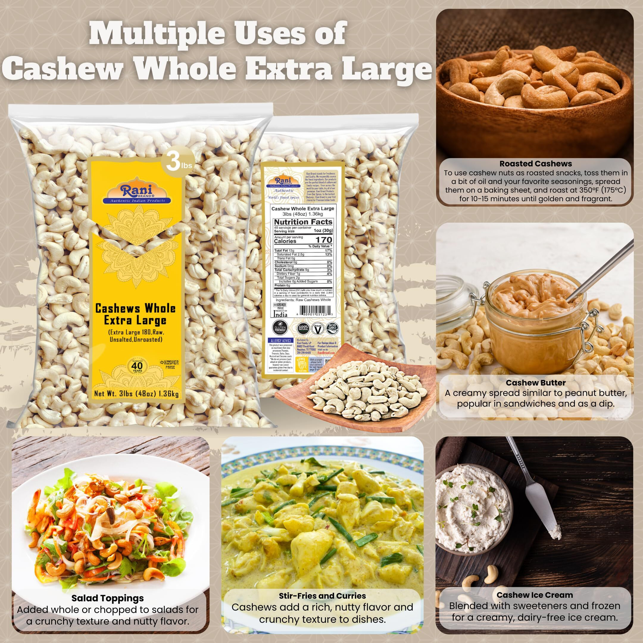 Rani Raw Cashews Whole W180 Extra Large (uncooked, unsalted) 48oz (3lbs) 1.36kg Bulk ~ All Natural, No Preservatives, Vegan, NON-GMO, Kosher, Gluten Friendly