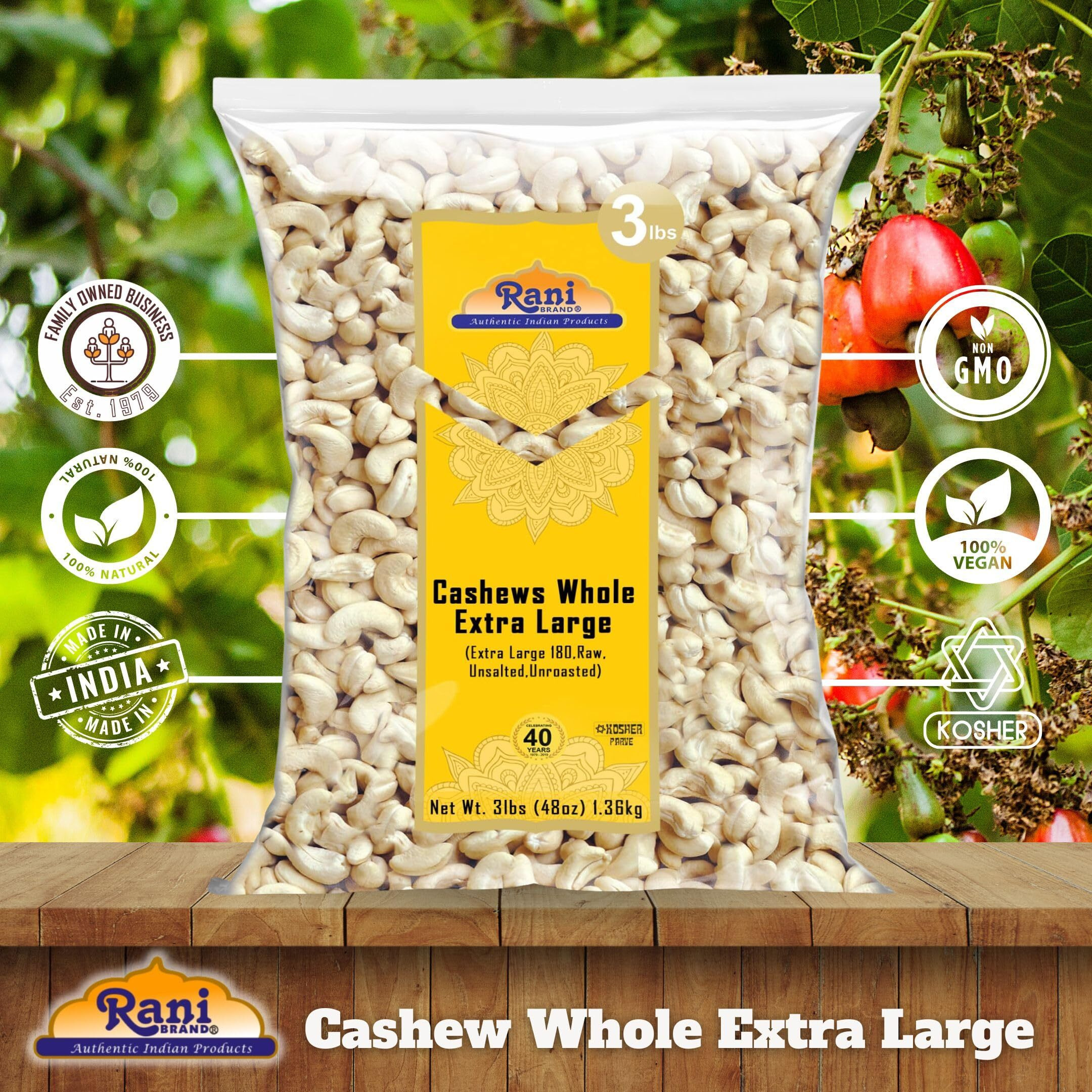 Rani Raw Cashews Whole W180 Extra Large (uncooked, unsalted) 48oz (3lbs) 1.36kg Bulk ~ All Natural, No Preservatives, Vegan, NON-GMO, Kosher, Gluten Friendly