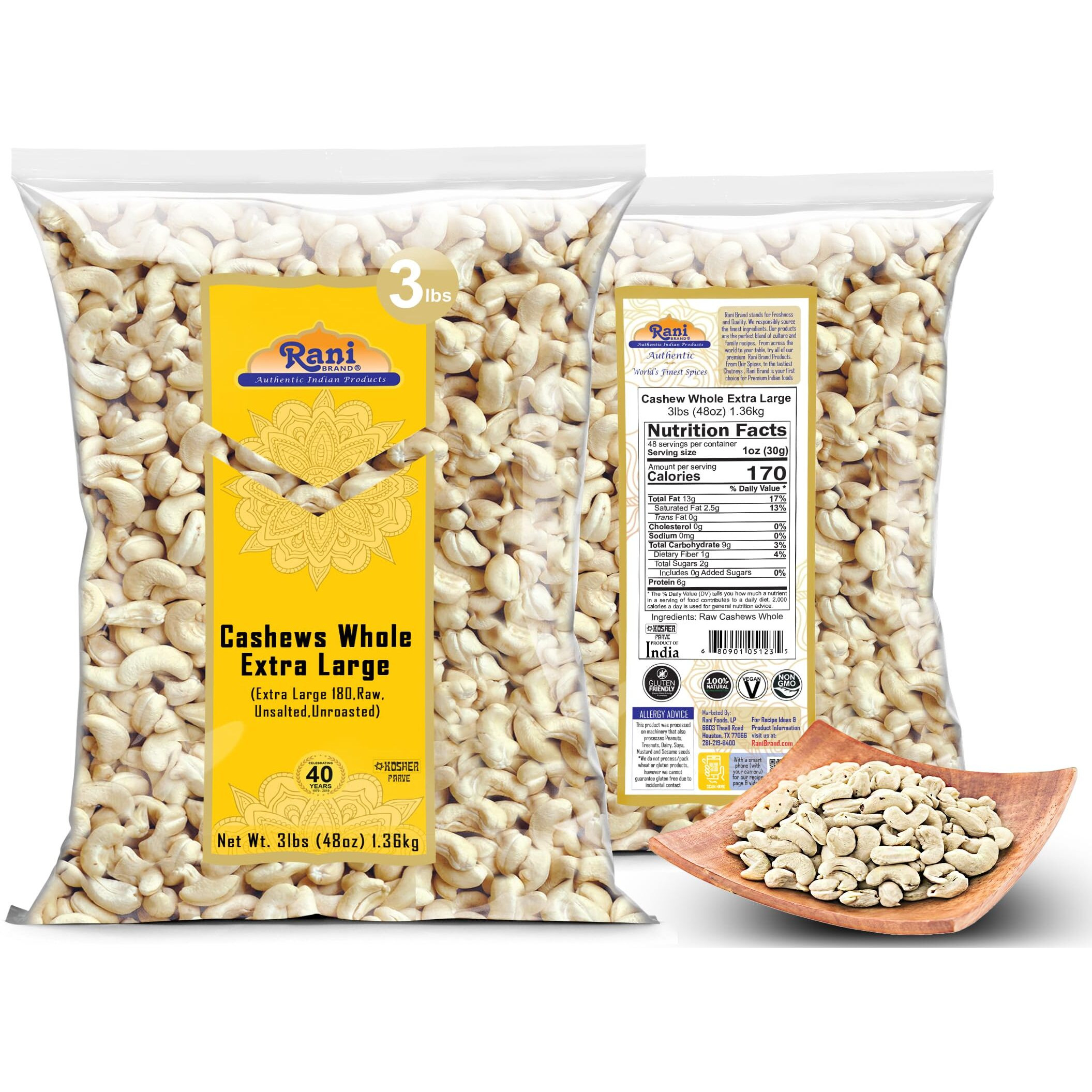 Rani Raw Cashews Whole W180 Extra Large (uncooked, unsalted) 48oz (3lbs) 1.36kg Bulk ~ All Natural, No Preservatives, Vegan, NON-GMO, Kosher, Gluten Friendly