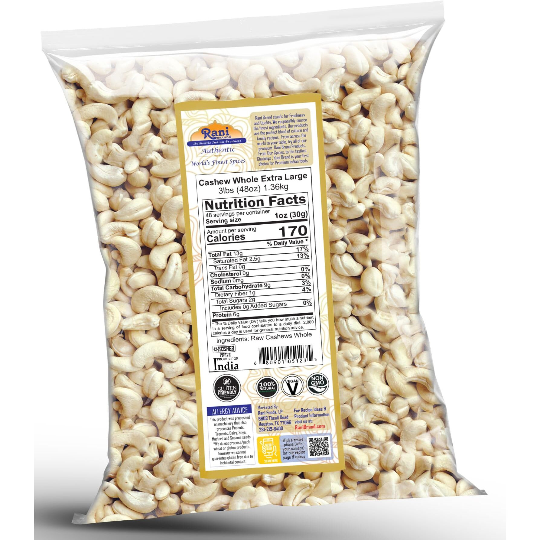 Rani Raw Cashews Whole W180 Extra Large (uncooked, unsalted) 48oz (3lbs) 1.36kg Bulk ~ All Natural, No Preservatives, Vegan, NON-GMO, Kosher, Gluten Friendly