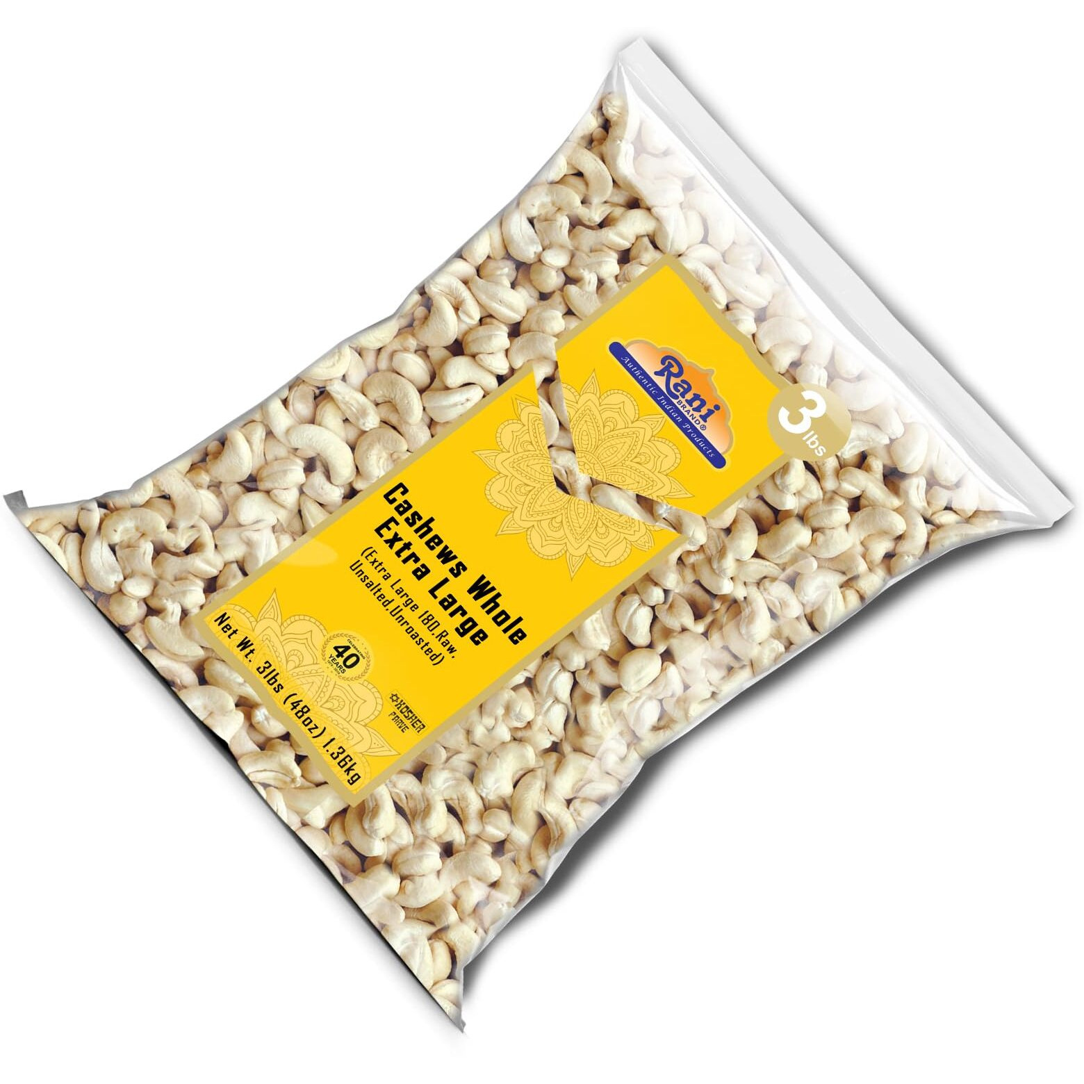 Rani Raw Cashews Whole W180 Extra Large (uncooked, unsalted) 48oz (3lbs) 1.36kg Bulk ~ All Natural, No Preservatives, Vegan, NON-GMO, Kosher, Gluten Friendly