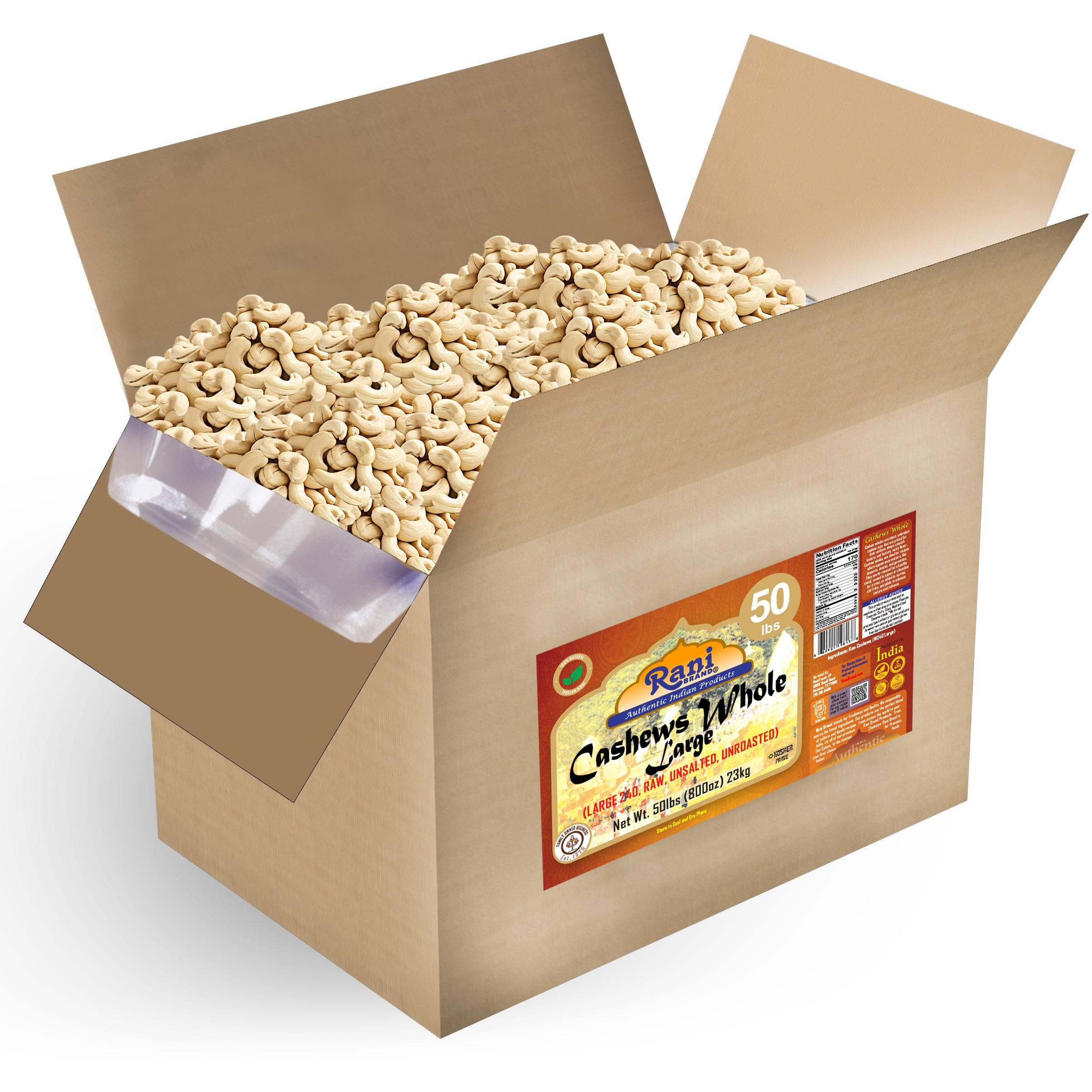 Rani Raw Cashews Whole W240 Large (uncooked, unsalted) 800oz (50lbs) 23kg Vacuum Packed, Bulk Box ~ All Natural, No Preservatives, Vegan, NON-GMO, Kosher, Gluten Friendly