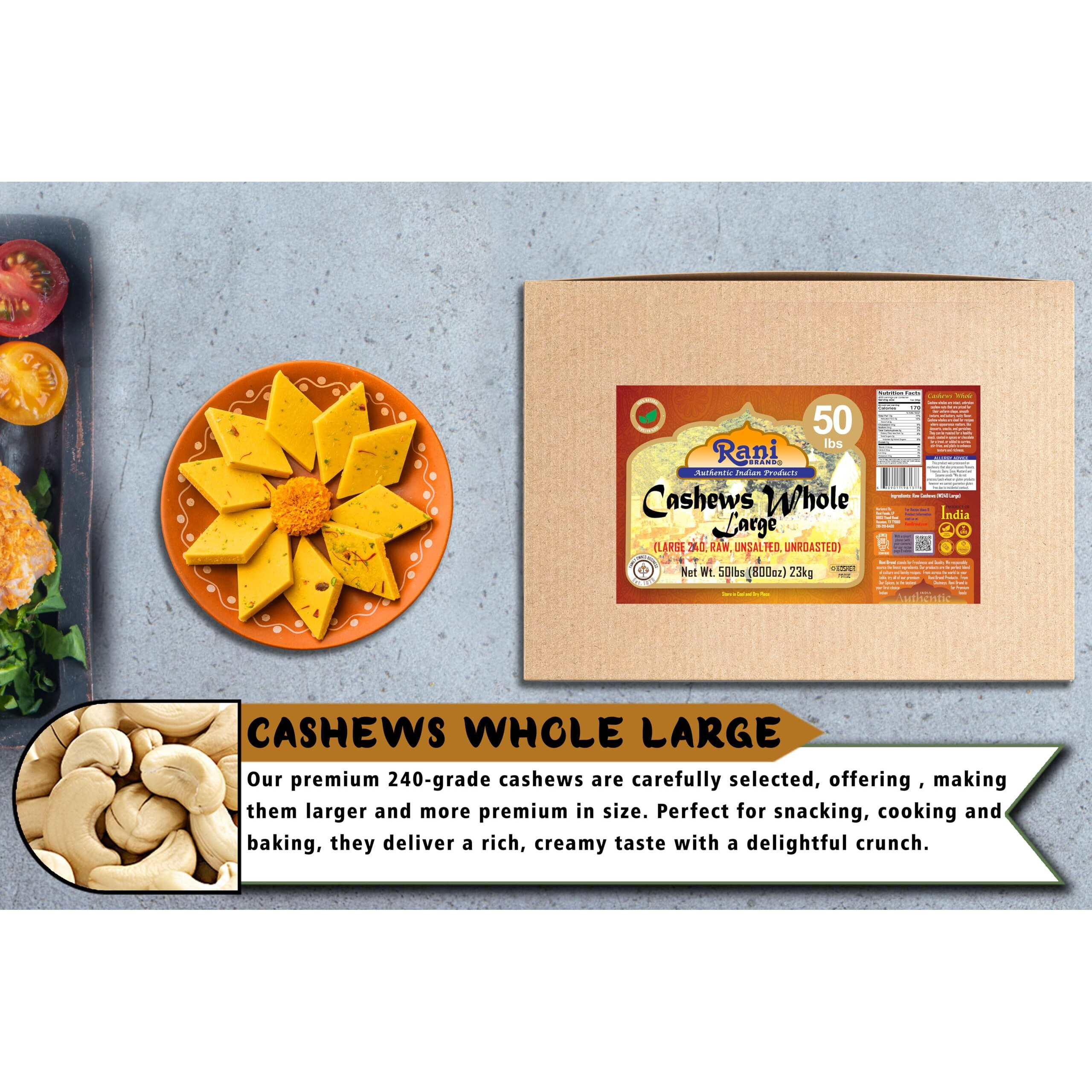 Rani Raw Cashews Whole W240 Large (uncooked, unsalted) 800oz (50lbs) 23kg Vacuum Packed, Bulk Box ~ All Natural, No Preservatives, Vegan, NON-GMO, Kosher, Gluten Friendly