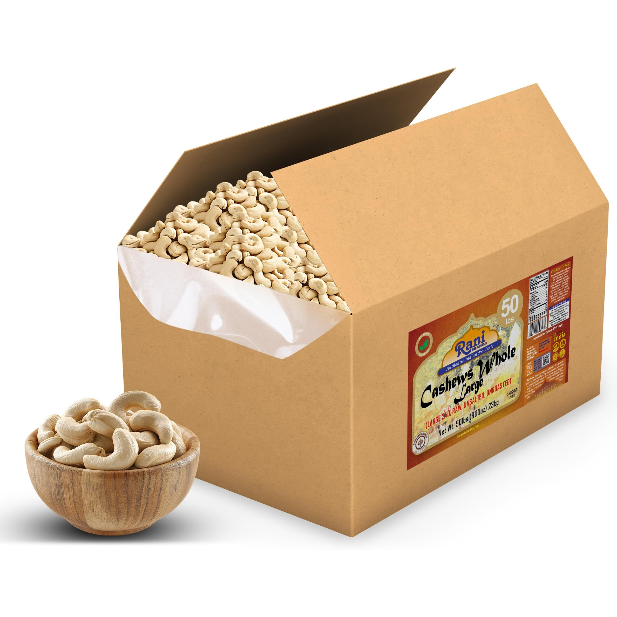 Rani Raw Cashews Whole W240 Large (uncooked, unsalted) 800oz (50lbs) 23kg Vacuum Packed, Bulk Box ~ All Natural, No Preservatives, Vegan, NON-GMO, Kosher, Gluten Friendly