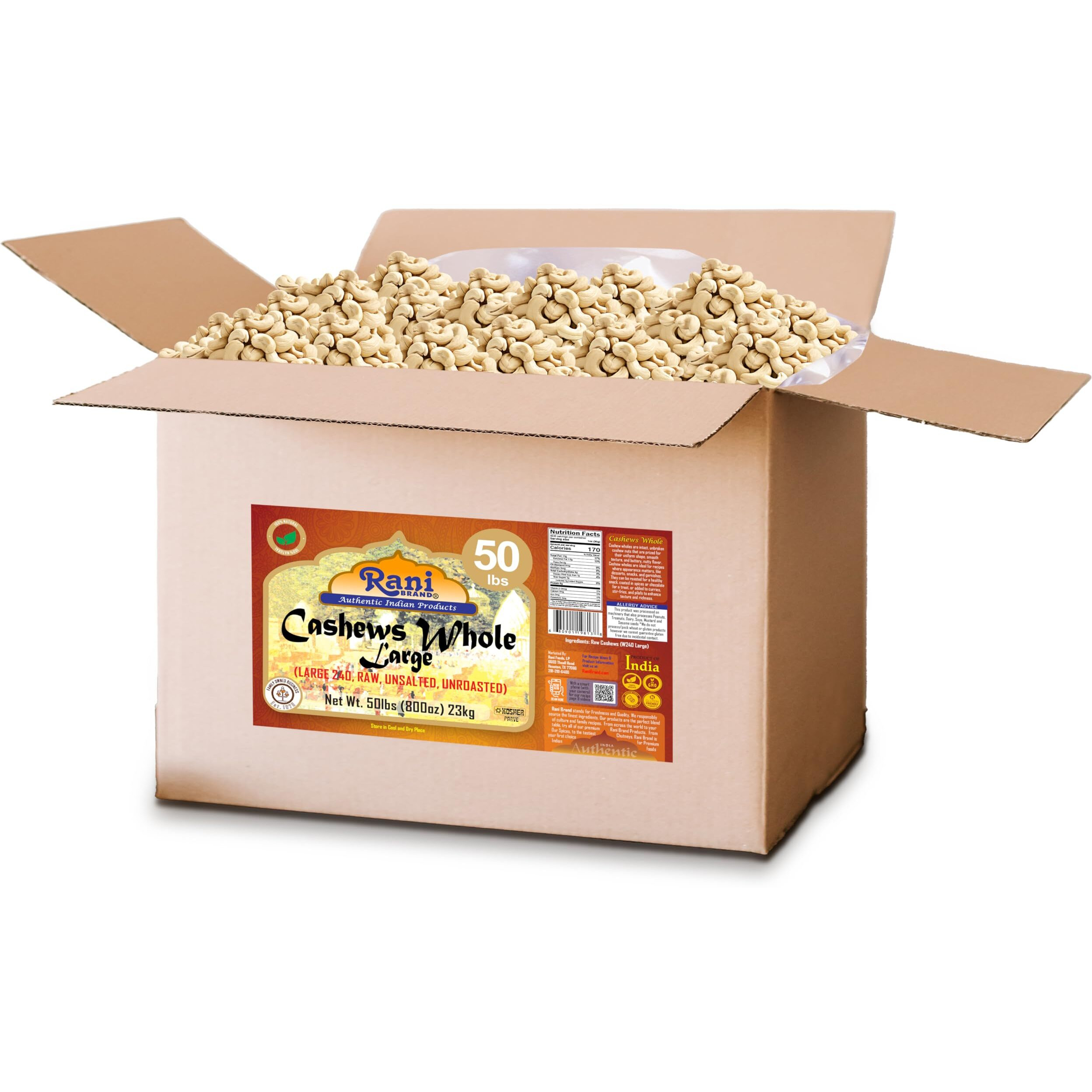 Rani Raw Cashews Whole W240 Large (uncooked, unsalted) 800oz (50lbs) 23kg Vacuum Packed, Bulk Box ~ All Natural, No Preservatives, Vegan, NON-GMO, Kosher, Gluten Friendly
