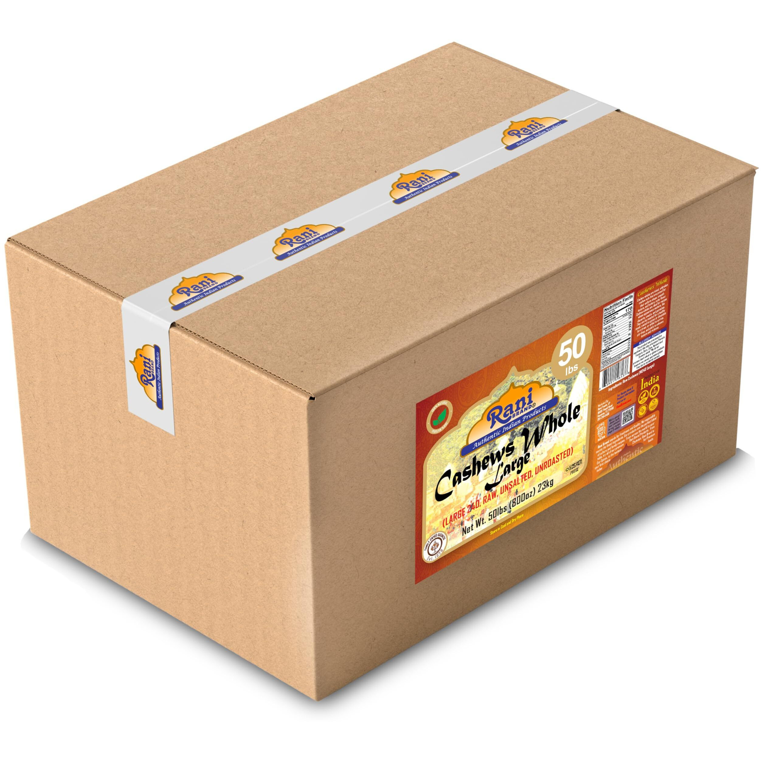 Rani Raw Cashews Whole W240 Large (uncooked, unsalted) 800oz (50lbs) 23kg Vacuum Packed, Bulk Box ~ All Natural, No Preservatives, Vegan, NON-GMO, Kosher, Gluten Friendly
