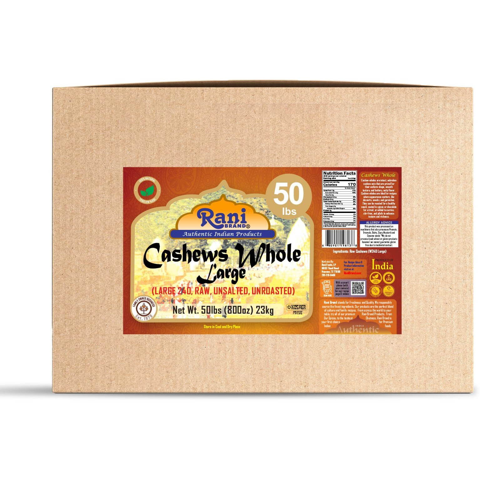 Rani Raw Cashews Whole W240 Large (uncooked, unsalted) 800oz (50lbs) 23kg Vacuum Packed, Bulk Box ~ All Natural, No Preservatives, Vegan, NON-GMO, Kosher, Gluten Friendly