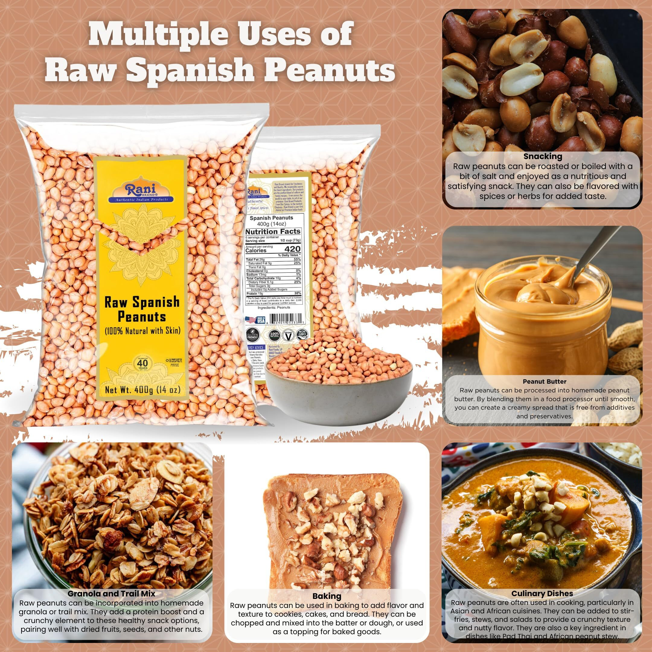 Rani Raw Spanish Peanuts 100% Natural with Skin (uncooked, unsalted) 14oz (400g) ~ Vegan, Gluten Friendly, Fresh Product of USA, Kosher, Red-brown Skin