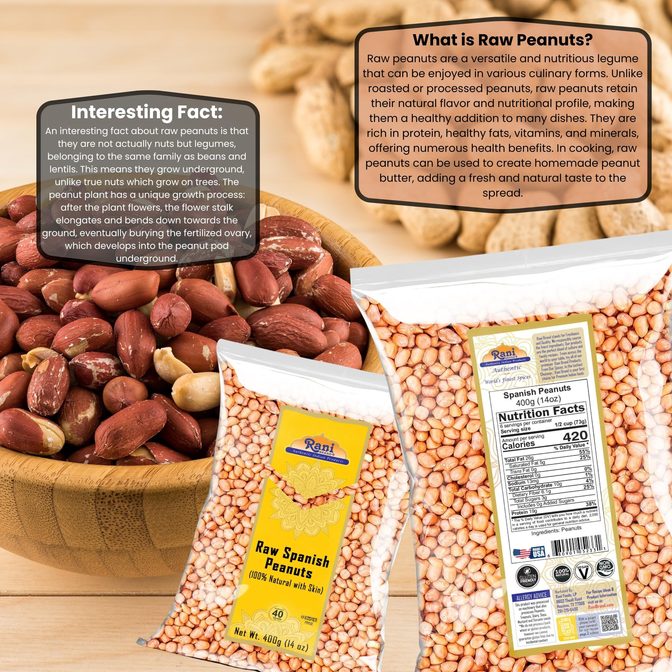 Rani Raw Spanish Peanuts 100% Natural with Skin (uncooked, unsalted) 14oz (400g) ~ Vegan, Gluten Friendly, Fresh Product of USA, Kosher, Red-brown Skin