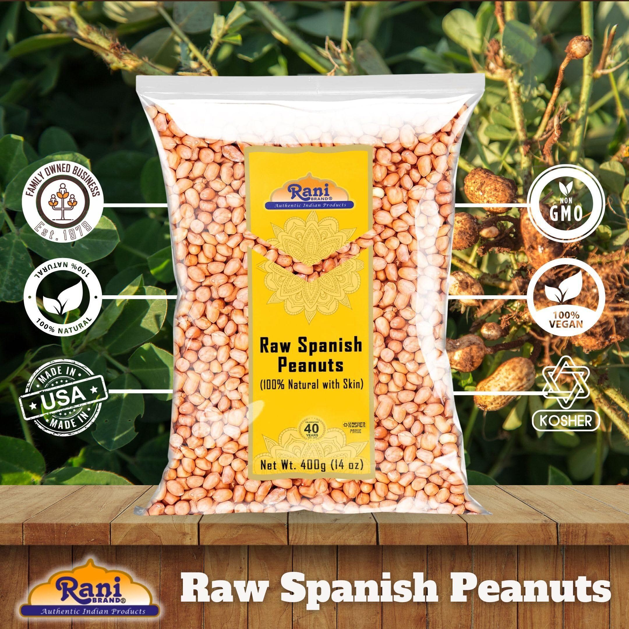 Rani Raw Spanish Peanuts 100% Natural with Skin (uncooked, unsalted) 14oz (400g) ~ Vegan, Gluten Friendly, Fresh Product of USA, Kosher, Red-brown Skin