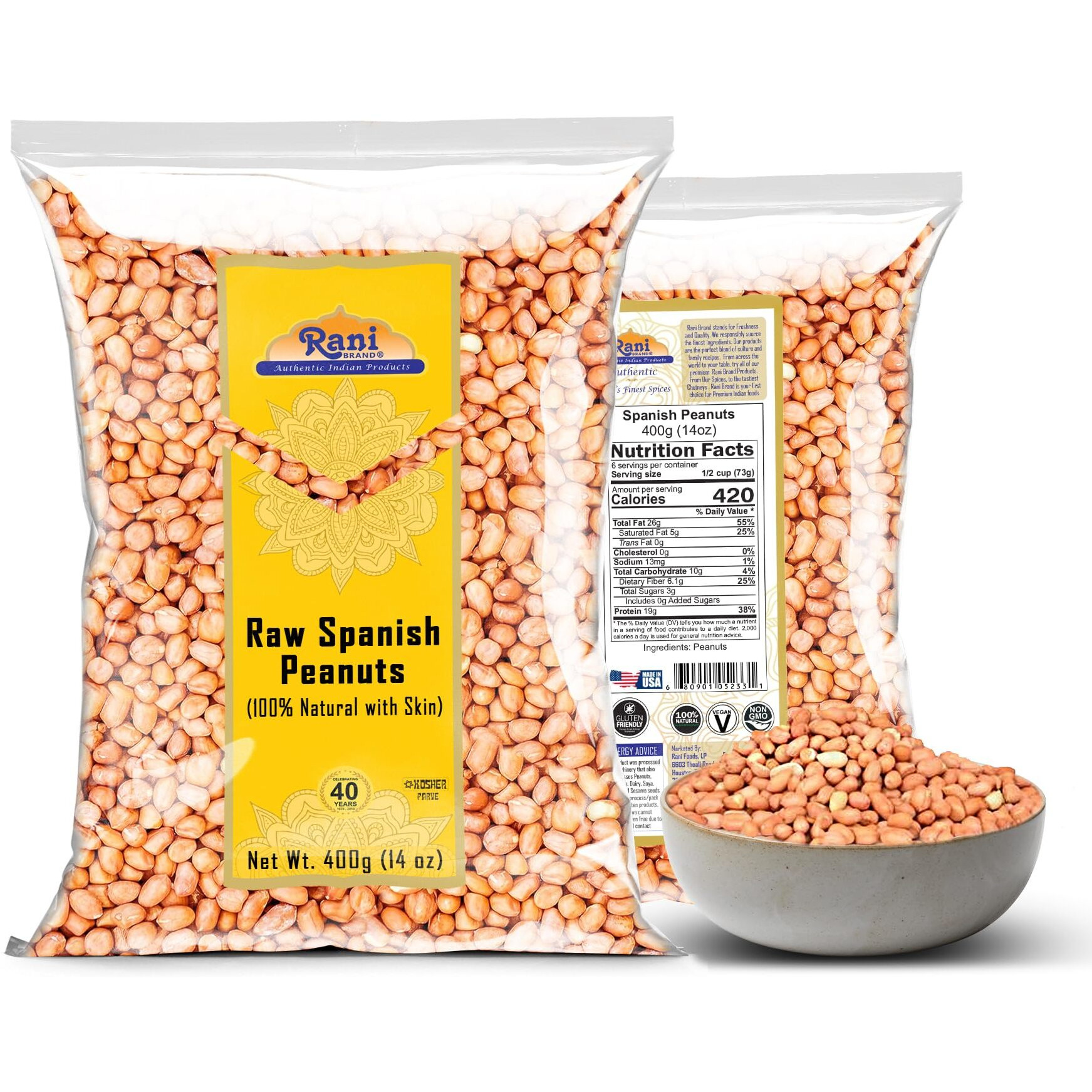 Rani Raw Spanish Peanuts 100% Natural with Skin (uncooked, unsalted) 14oz (400g) ~ Vegan, Gluten Friendly, Fresh Product of USA, Kosher, Red-brown Skin