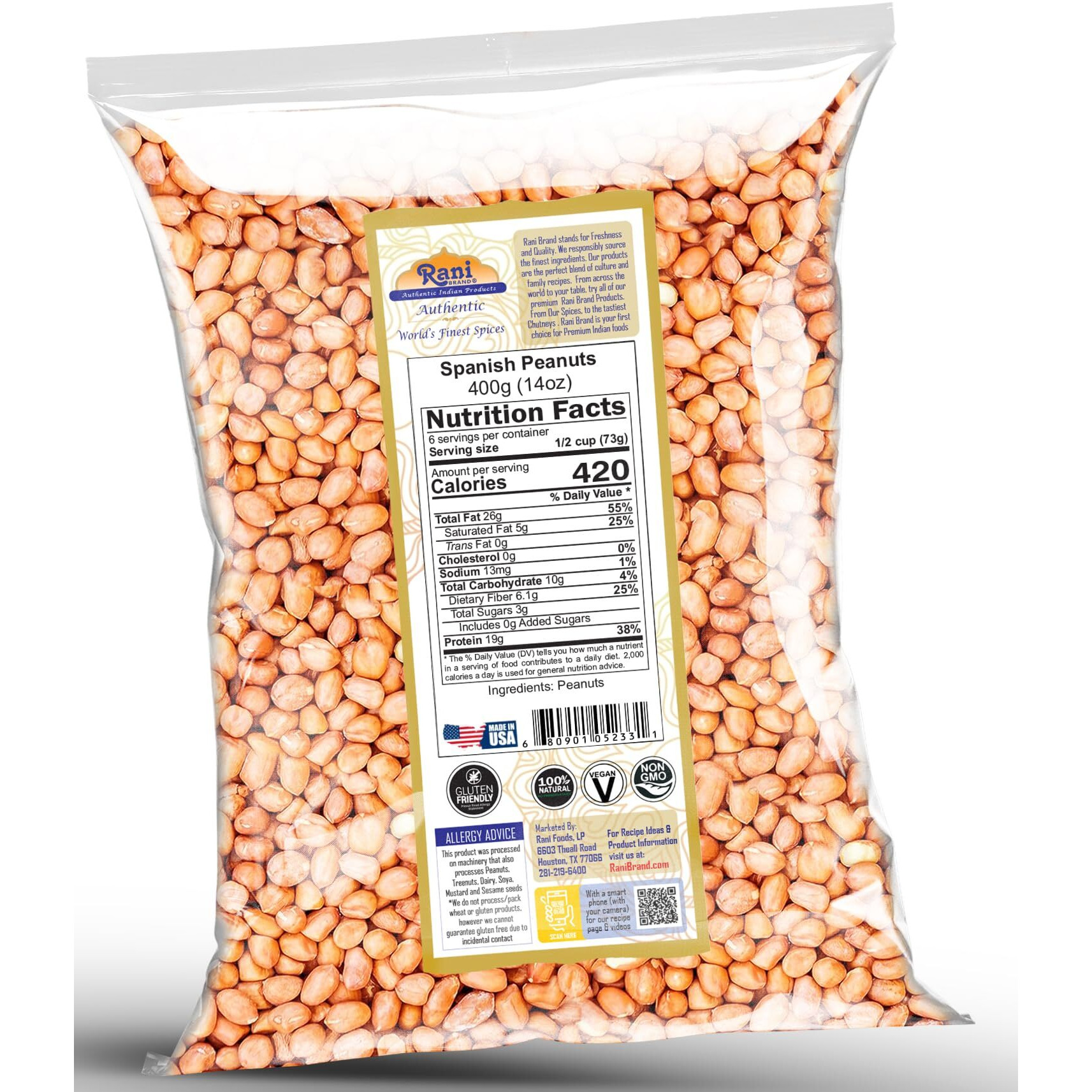 Rani Raw Spanish Peanuts 100% Natural with Skin (uncooked, unsalted) 14oz (400g) ~ Vegan, Gluten Friendly, Fresh Product of USA, Kosher, Red-brown Skin