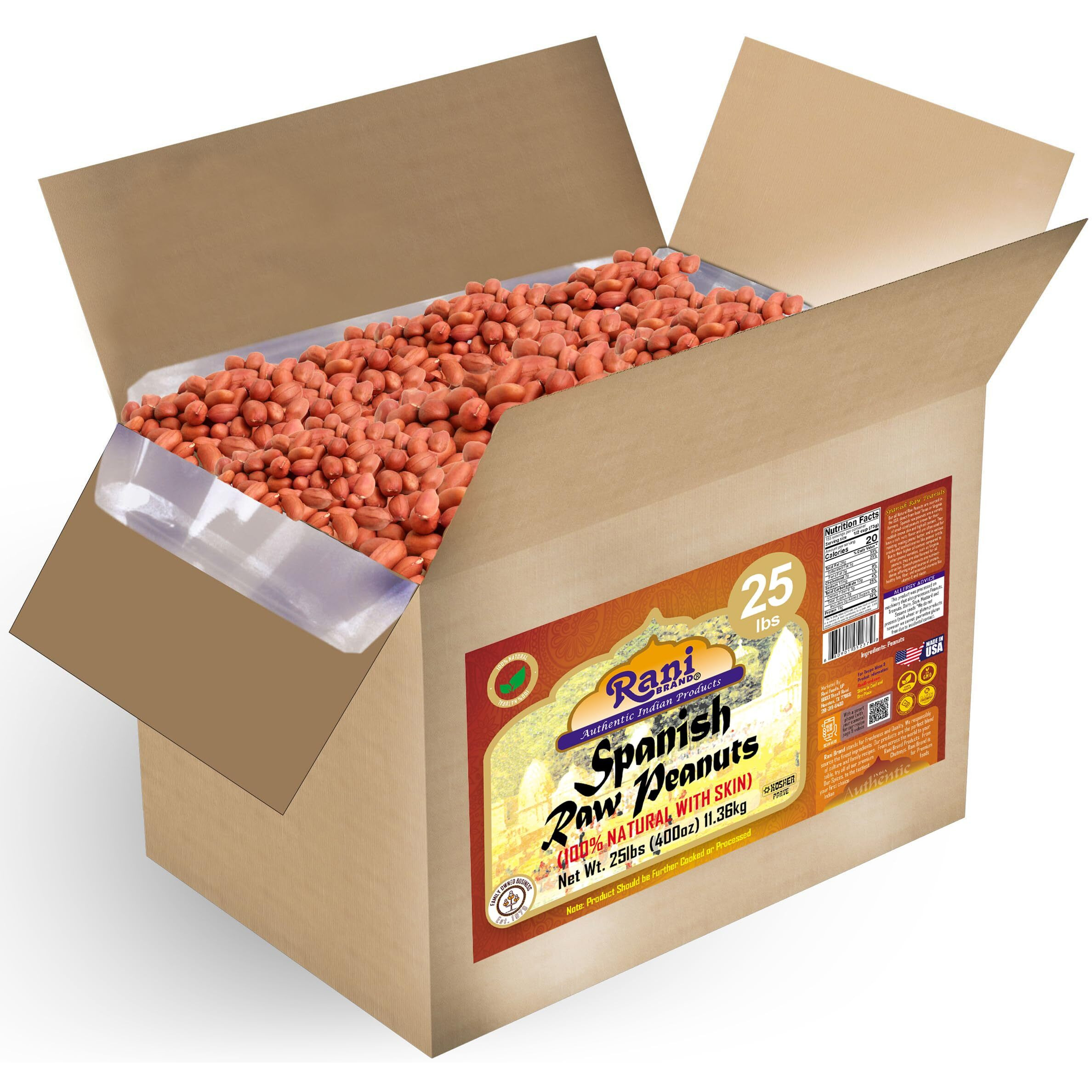 Rani Raw Spanish Peanuts 100% Natural with Skin (uncooked, unsalted) 25lbs (400oz) 11.36kg Bulk Box ~ Vegan, Gluten Friendly, Fresh Product of USA, Kosher, Red-brown Skin