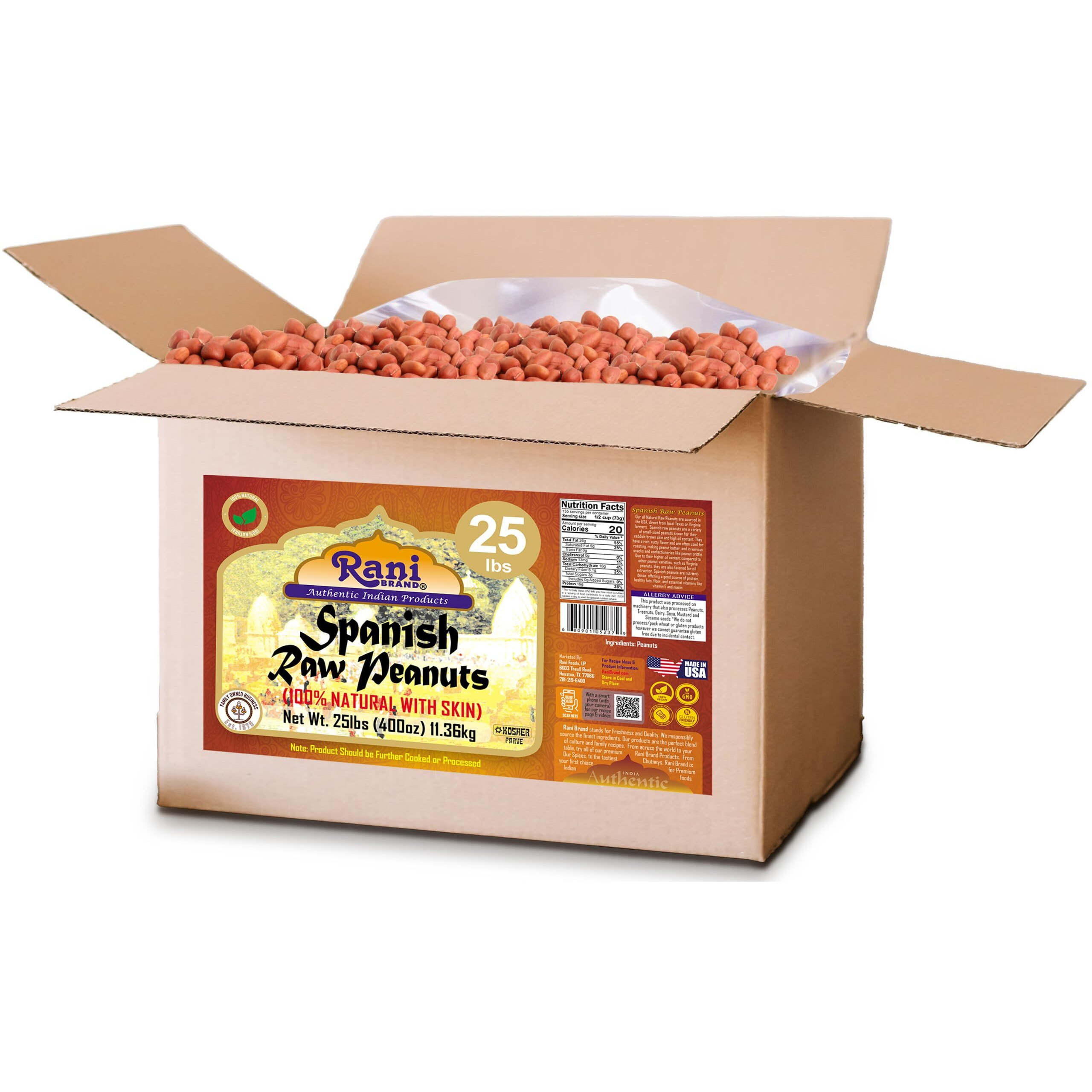 Rani Raw Spanish Peanuts 100% Natural with Skin (uncooked, unsalted) 25lbs (400oz) 11.36kg Bulk Box ~ Vegan, Gluten Friendly, Fresh Product of USA, Kosher, Red-brown Skin