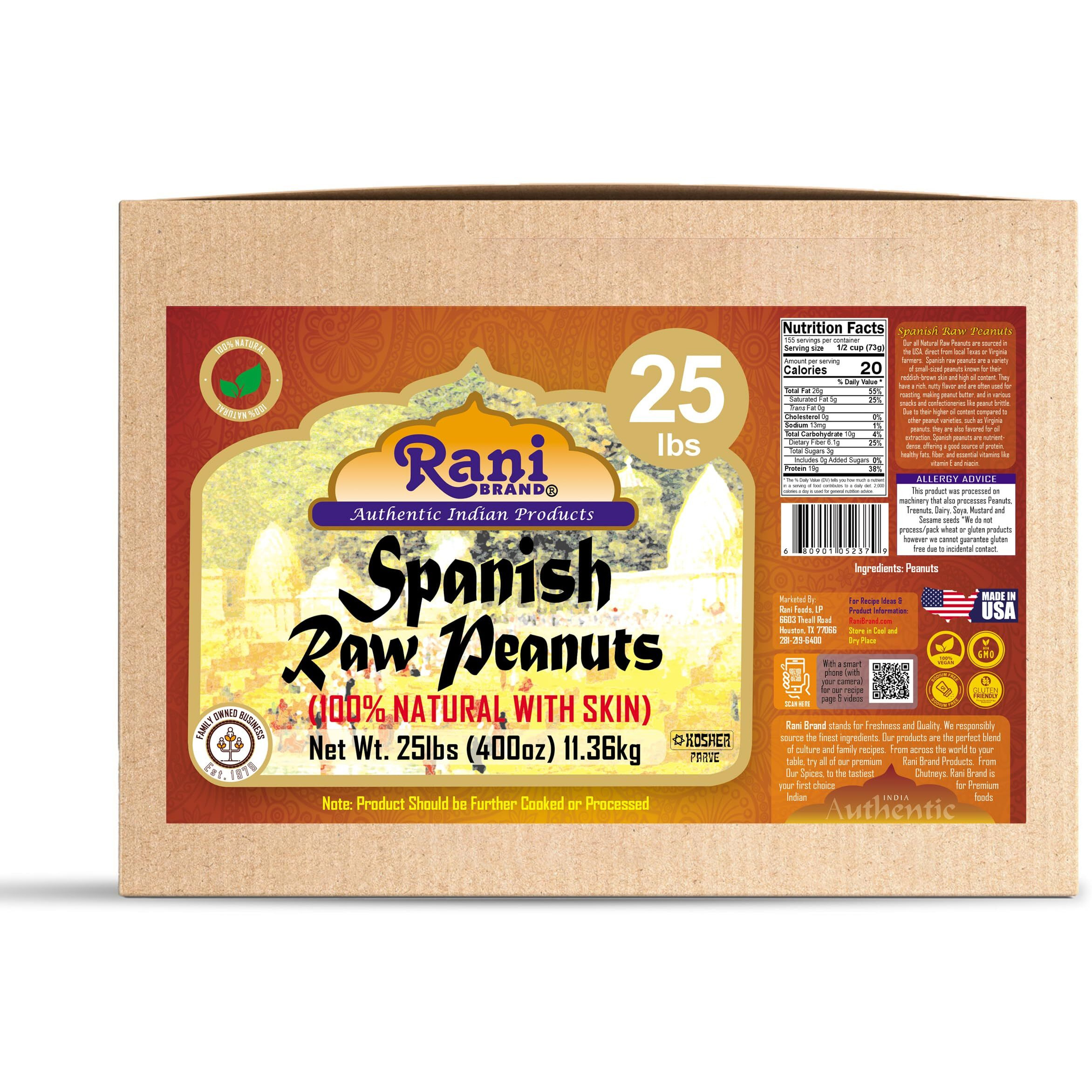 Rani Raw Spanish Peanuts 100% Natural with Skin (uncooked, unsalted) 25lbs (400oz) 11.36kg Bulk Box ~ Vegan, Gluten Friendly, Fresh Product of USA, Kosher, Red-brown Skin
