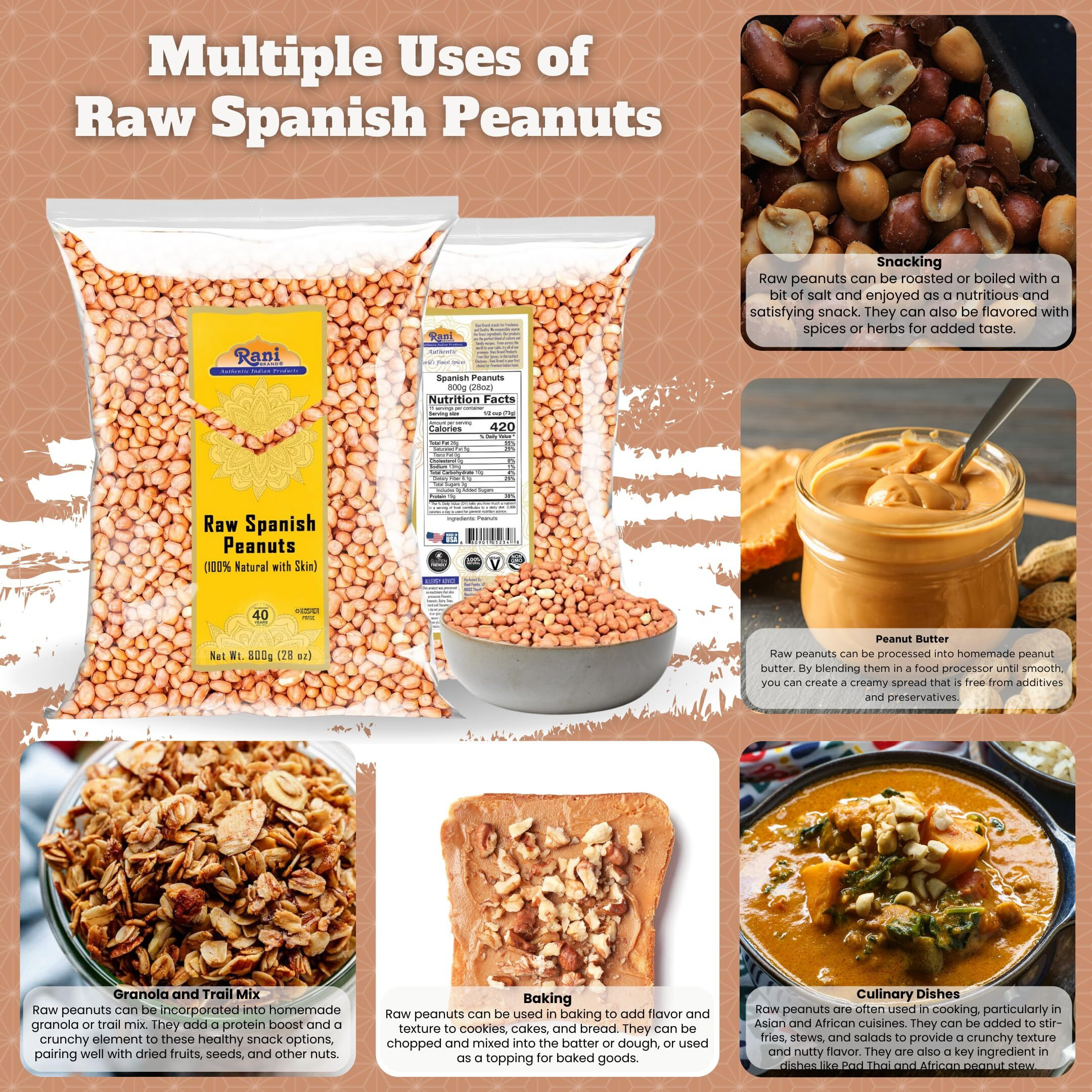 Rani Raw Spanish Peanuts 100% Natural with Skin (uncooked, unsalted) 28oz (1.75lbs) 800g ~ Vegan, Gluten Friendly, Fresh Product of USA, Kosher, Red-brown Skin
