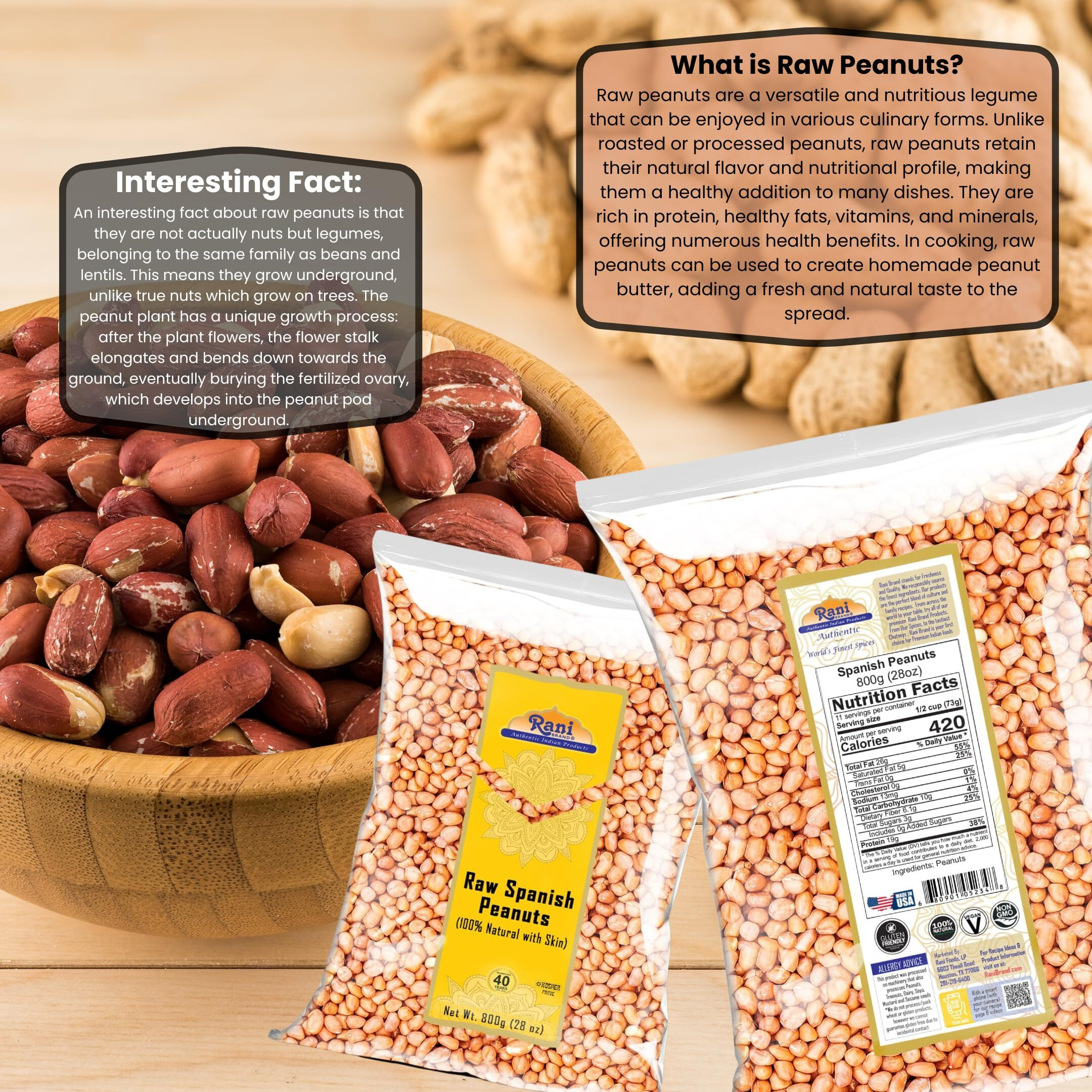 Rani Raw Spanish Peanuts 100% Natural with Skin (uncooked, unsalted) 28oz (1.75lbs) 800g ~ Vegan, Gluten Friendly, Fresh Product of USA, Kosher, Red-brown Skin