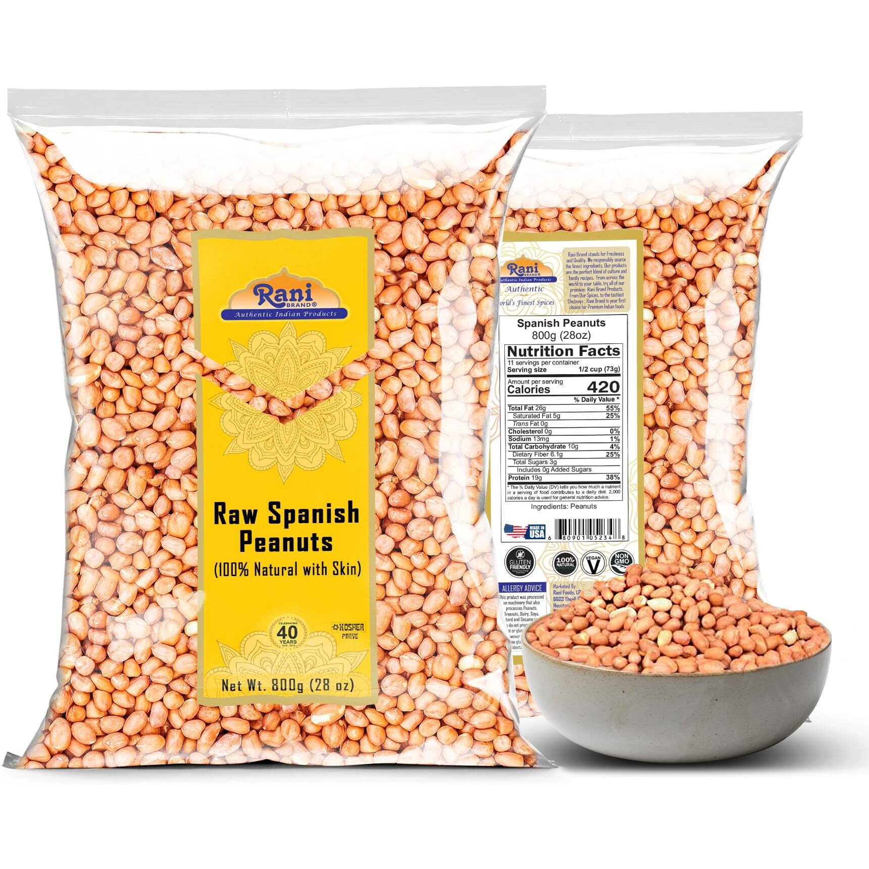 Rani Raw Spanish Peanuts 100% Natural with Skin (uncooked, unsalted) 28oz (1.75lbs) 800g ~ Vegan, Gluten Friendly, Fresh Product of USA, Kosher, Red-brown Skin