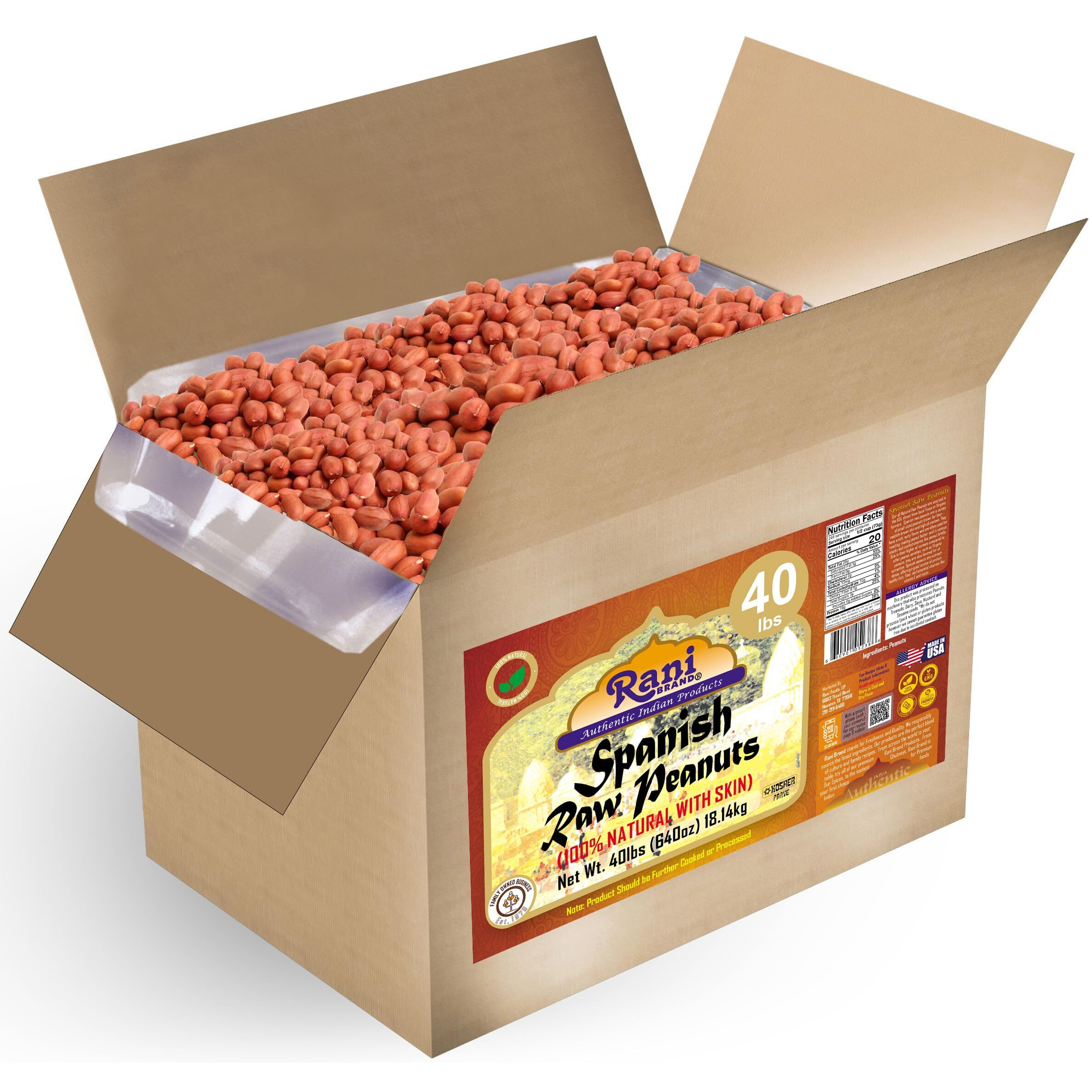 Rani Raw Spanish Peanuts 100% Natural with Skin (uncooked, unsalted) 40lbs (640oz) 18.14kg Bulk Box ~ Vegan, Gluten Friendly, Fresh Product of USA, Kosher, Red-brown Skin
