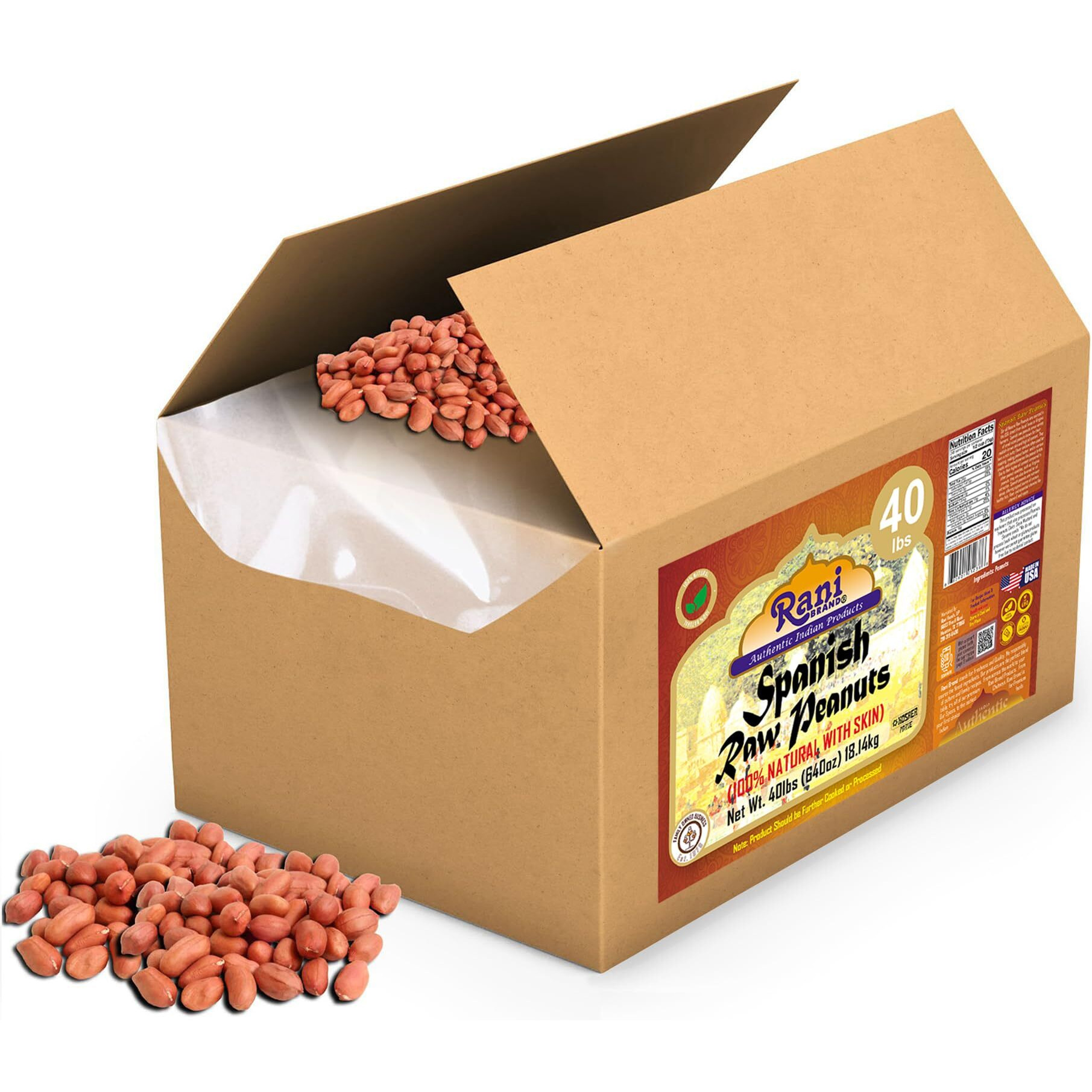 Rani Raw Spanish Peanuts 100% Natural with Skin (uncooked, unsalted) 40lbs (640oz) 18.14kg Bulk Box ~ Vegan, Gluten Friendly, Fresh Product of USA, Kosher, Red-brown Skin