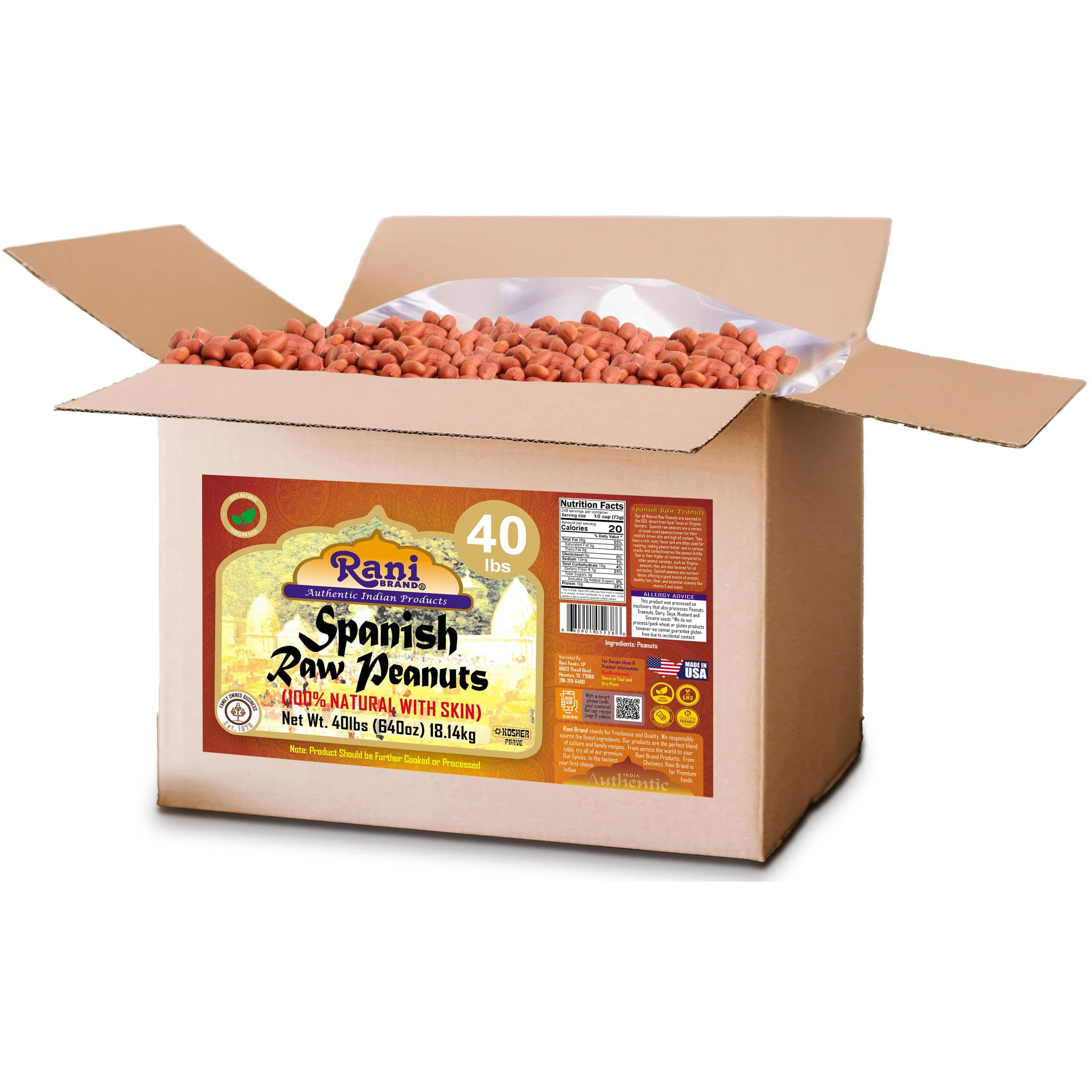Rani Raw Spanish Peanuts 100% Natural with Skin (uncooked, unsalted) 40lbs (640oz) 18.14kg Bulk Box ~ Vegan, Gluten Friendly, Fresh Product of USA, Kosher, Red-brown Skin