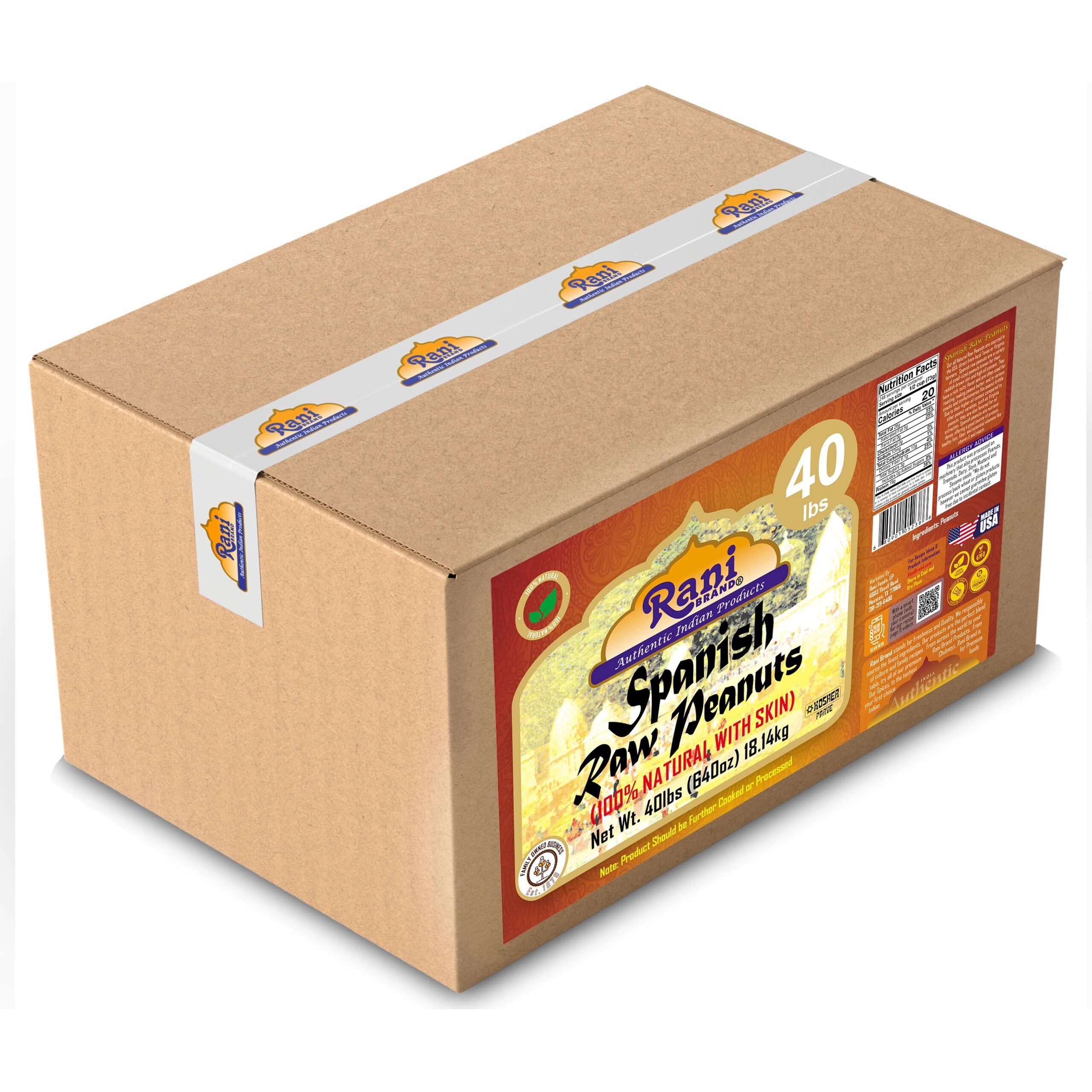 Rani Raw Spanish Peanuts 100% Natural with Skin (uncooked, unsalted) 40lbs (640oz) 18.14kg Bulk Box ~ Vegan, Gluten Friendly, Fresh Product of USA, Kosher, Red-brown Skin