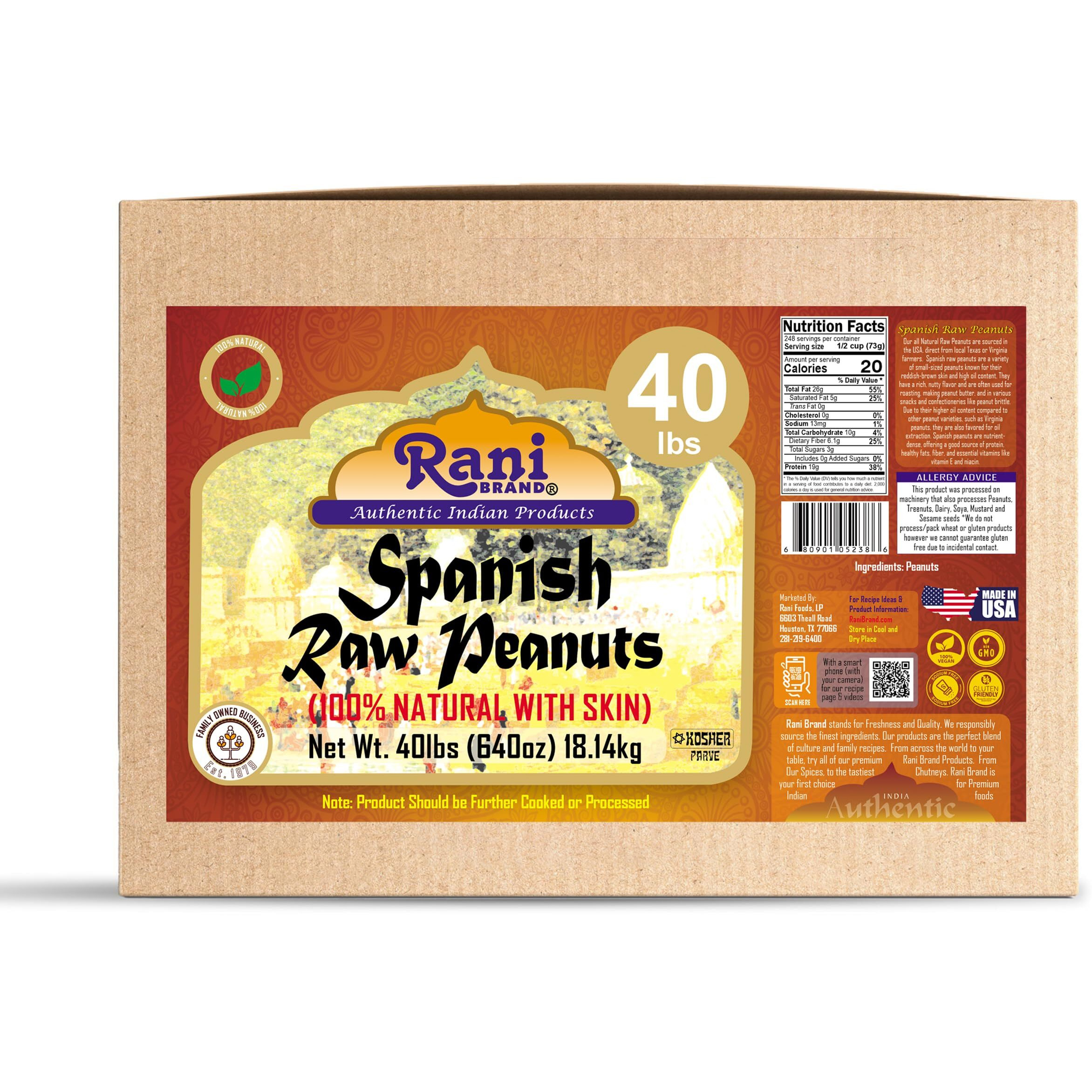 Rani Raw Spanish Peanuts 100% Natural with Skin (uncooked, unsalted) 40lbs (640oz) 18.14kg Bulk Box ~ Vegan, Gluten Friendly, Fresh Product of USA, Kosher, Red-brown Skin