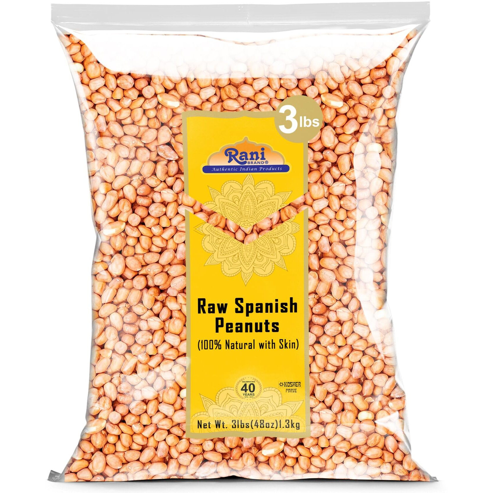 Rani Raw Spanish Peanuts 100% Natural with Skin (uncooked, unsalted) 48oz (3lbs) 1.36kg Bulk ~ Vegan, Gluten Friendly, Fresh Product of USA, Kosher, Red-brown Skin