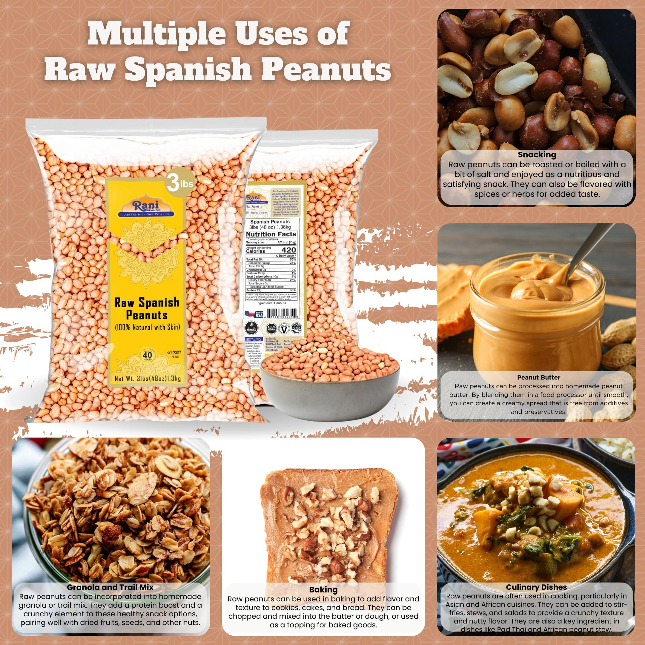 Rani Raw Spanish Peanuts 100% Natural with Skin (uncooked, unsalted) 48oz (3lbs) 1.36kg Bulk ~ Vegan, Gluten Friendly, Fresh Product of USA, Kosher, Red-brown Skin