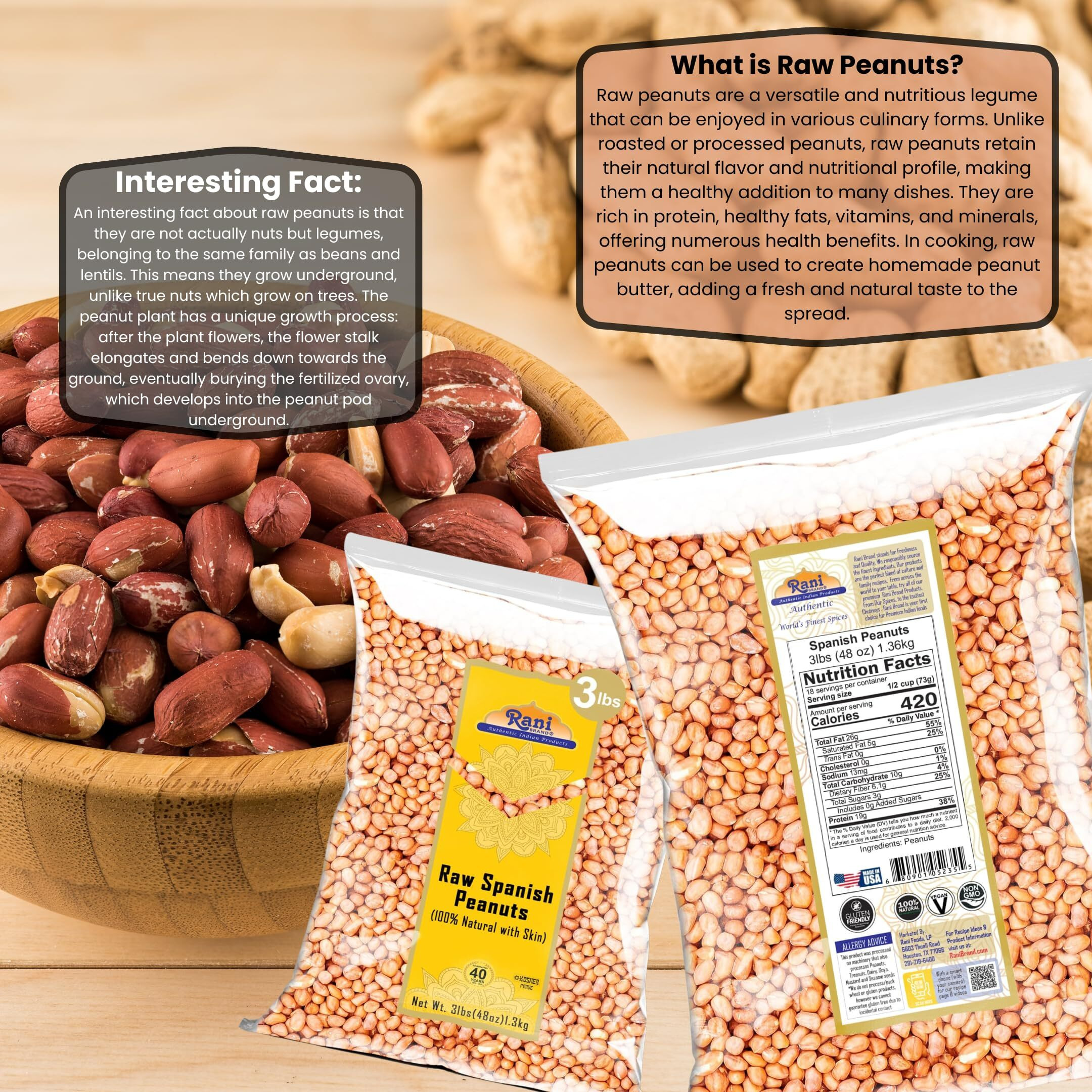 Rani Raw Spanish Peanuts 100% Natural with Skin (uncooked, unsalted) 48oz (3lbs) 1.36kg Bulk ~ Vegan, Gluten Friendly, Fresh Product of USA, Kosher, Red-brown Skin