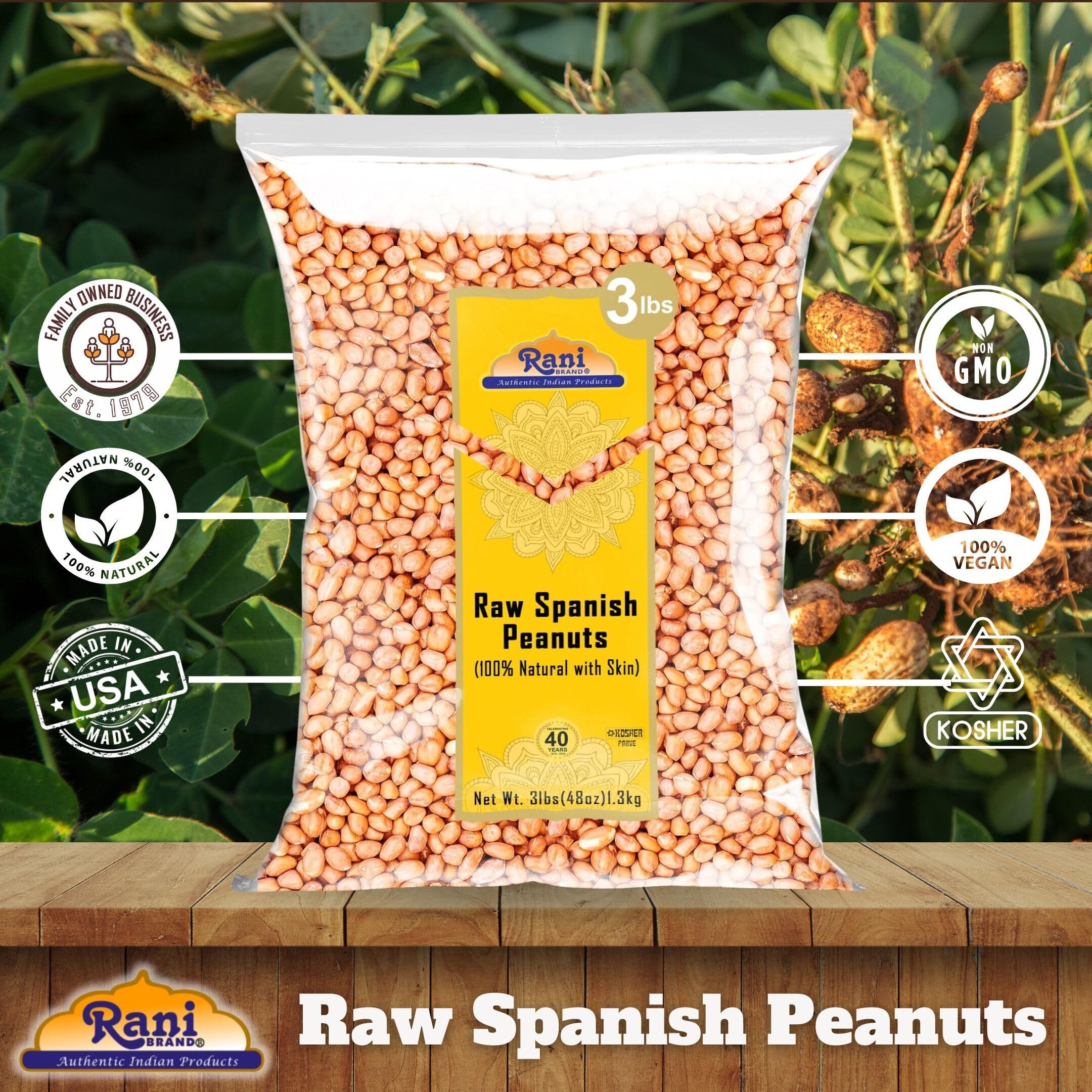Rani Raw Spanish Peanuts 100% Natural with Skin (uncooked, unsalted) 48oz (3lbs) 1.36kg Bulk ~ Vegan, Gluten Friendly, Fresh Product of USA, Kosher, Red-brown Skin