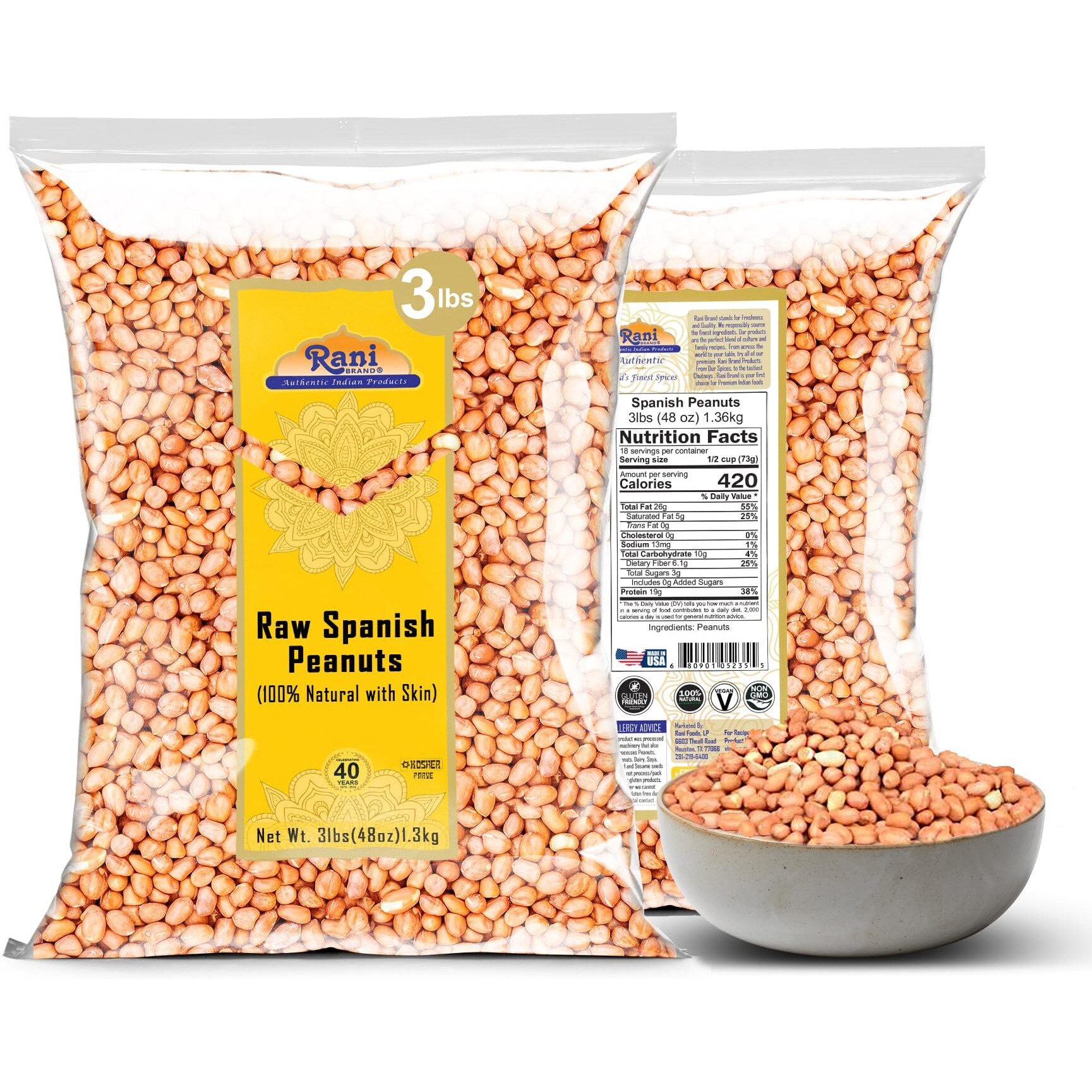 Rani Raw Spanish Peanuts 100% Natural with Skin (uncooked, unsalted) 48oz (3lbs) 1.36kg Bulk ~ Vegan, Gluten Friendly, Fresh Product of USA, Kosher, Red-brown Skin