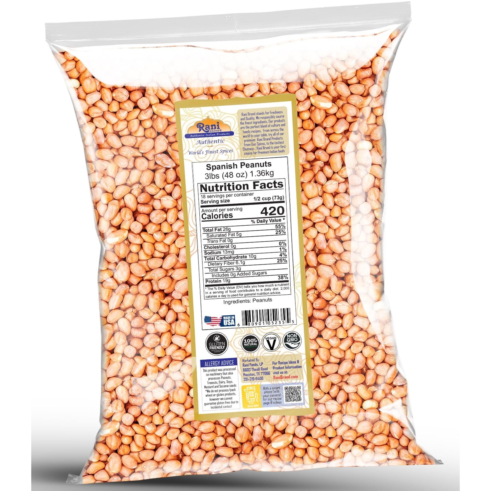 Rani Raw Spanish Peanuts 100% Natural with Skin (uncooked, unsalted) 48oz (3lbs) 1.36kg Bulk ~ Vegan, Gluten Friendly, Fresh Product of USA, Kosher, Red-brown Skin