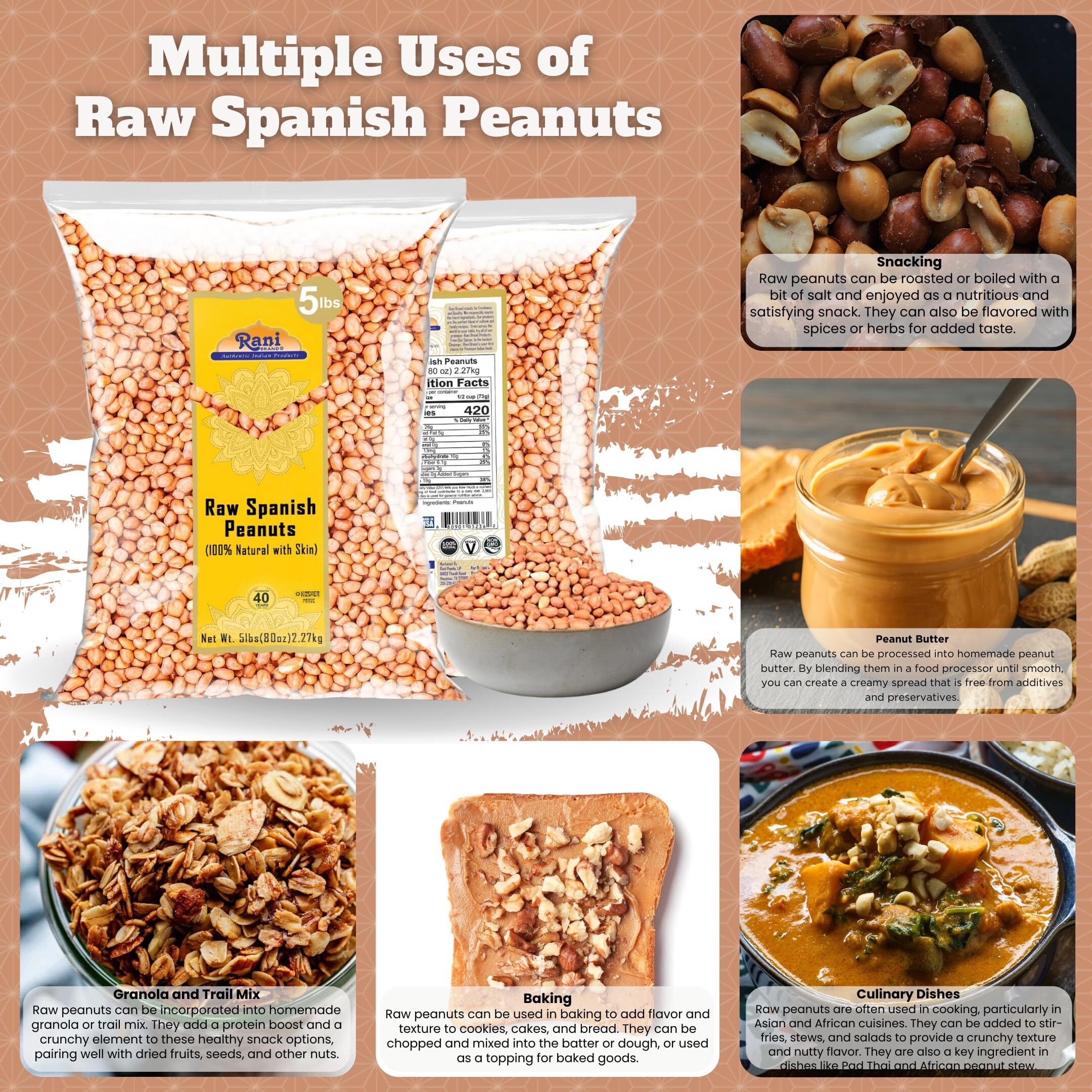 Rani Raw Spanish Peanuts 100% Natural with Skin (uncooked, unsalted) 80oz (5lbs) 2.27kg Bulk ~ Vegan, Gluten Friendly, Fresh Product of USA, Kosher, Red-brown Skin