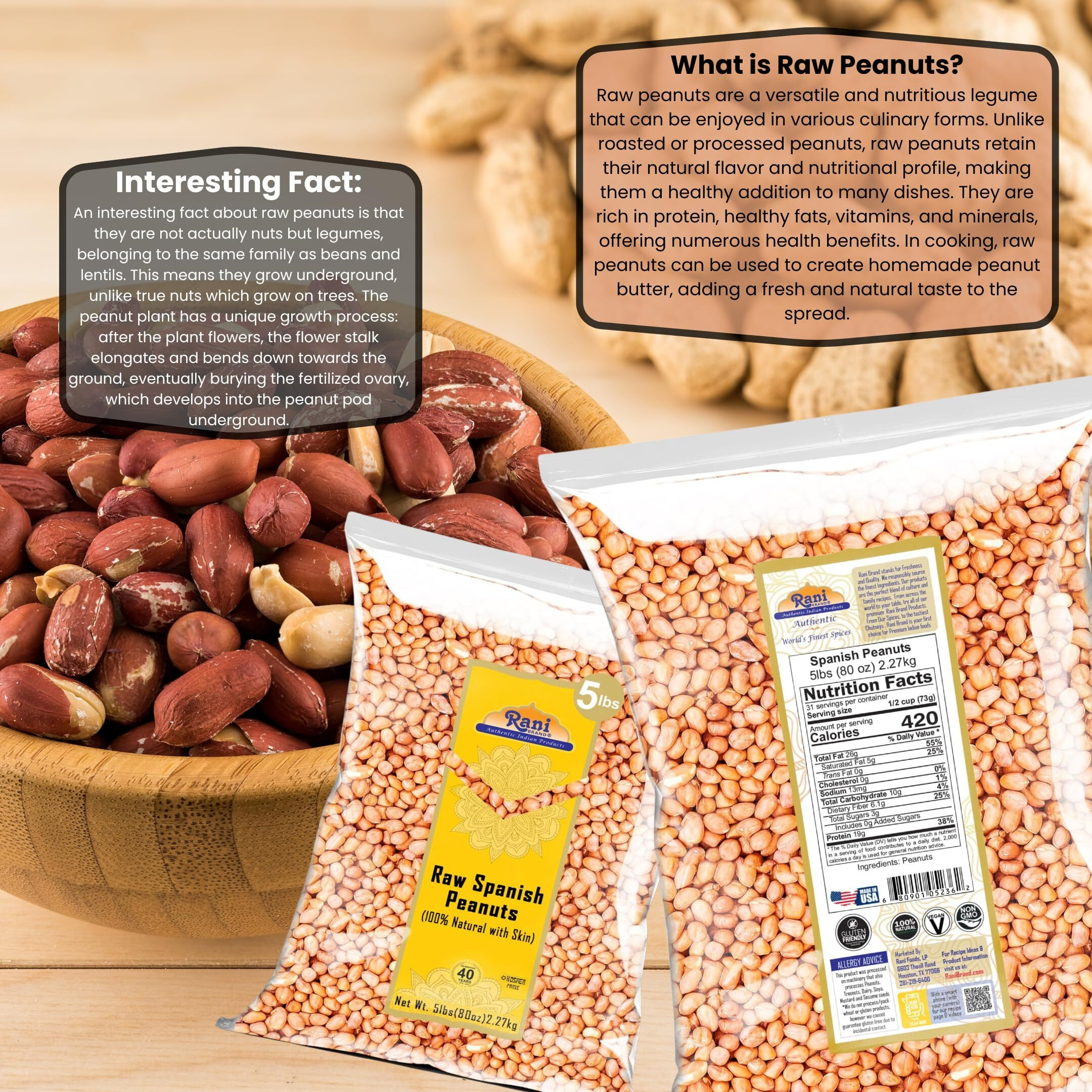 Rani Raw Spanish Peanuts 100% Natural with Skin (uncooked, unsalted) 80oz (5lbs) 2.27kg Bulk ~ Vegan, Gluten Friendly, Fresh Product of USA, Kosher, Red-brown Skin